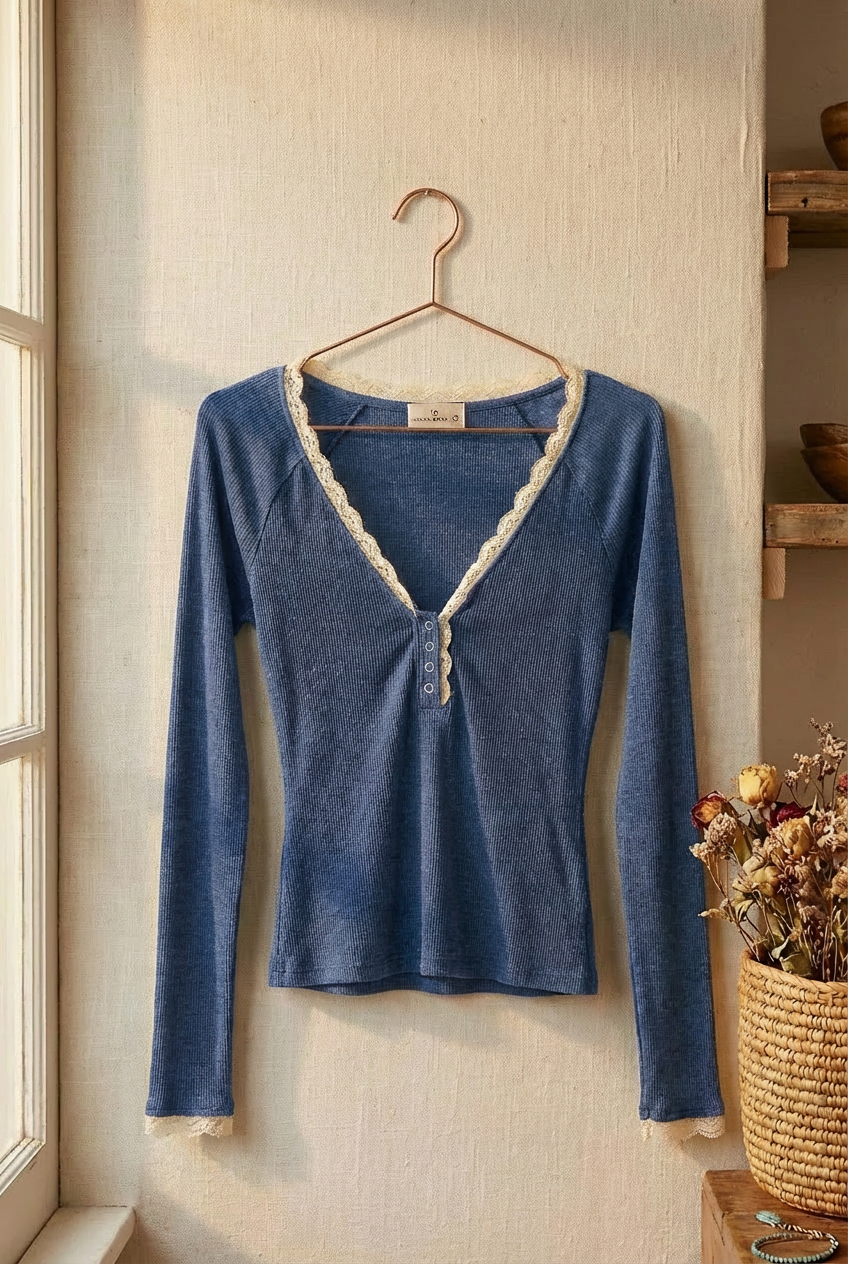Lace Trim Slub Knit Henley Long Sleeve Top