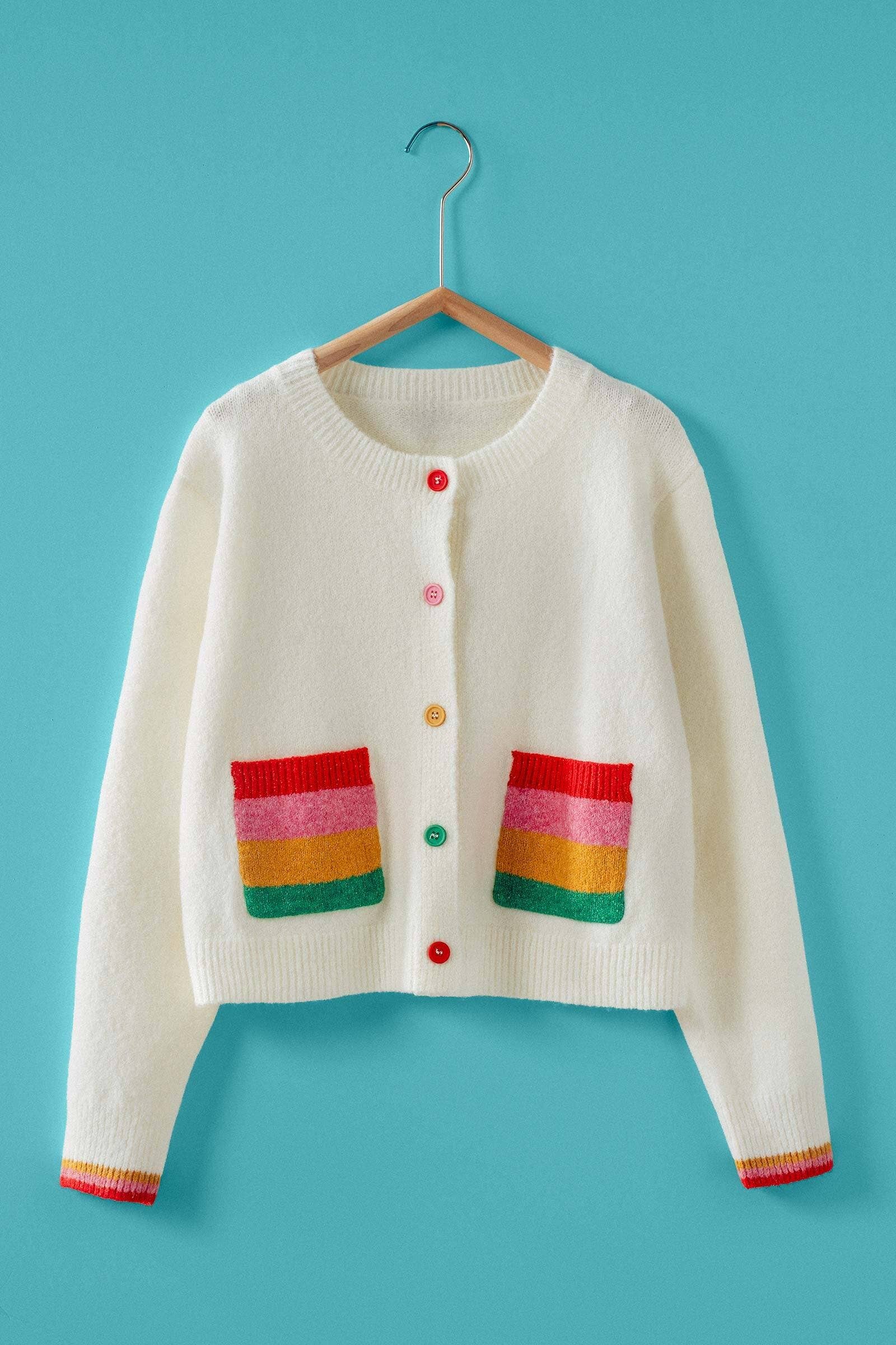 Urban Daizy Rainbow Pocket Colorblock Knit Cardigan Ivory Cardigan - Women's