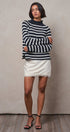 Striped Mock Neck Sweater with Rolled Neckline in IVORY NAVY - Women's Sweaters | Urban Daizy