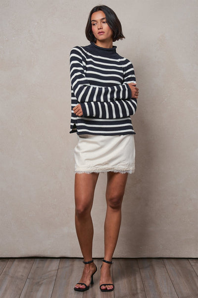 Striped Mock Neck Cotton Knit Sweater