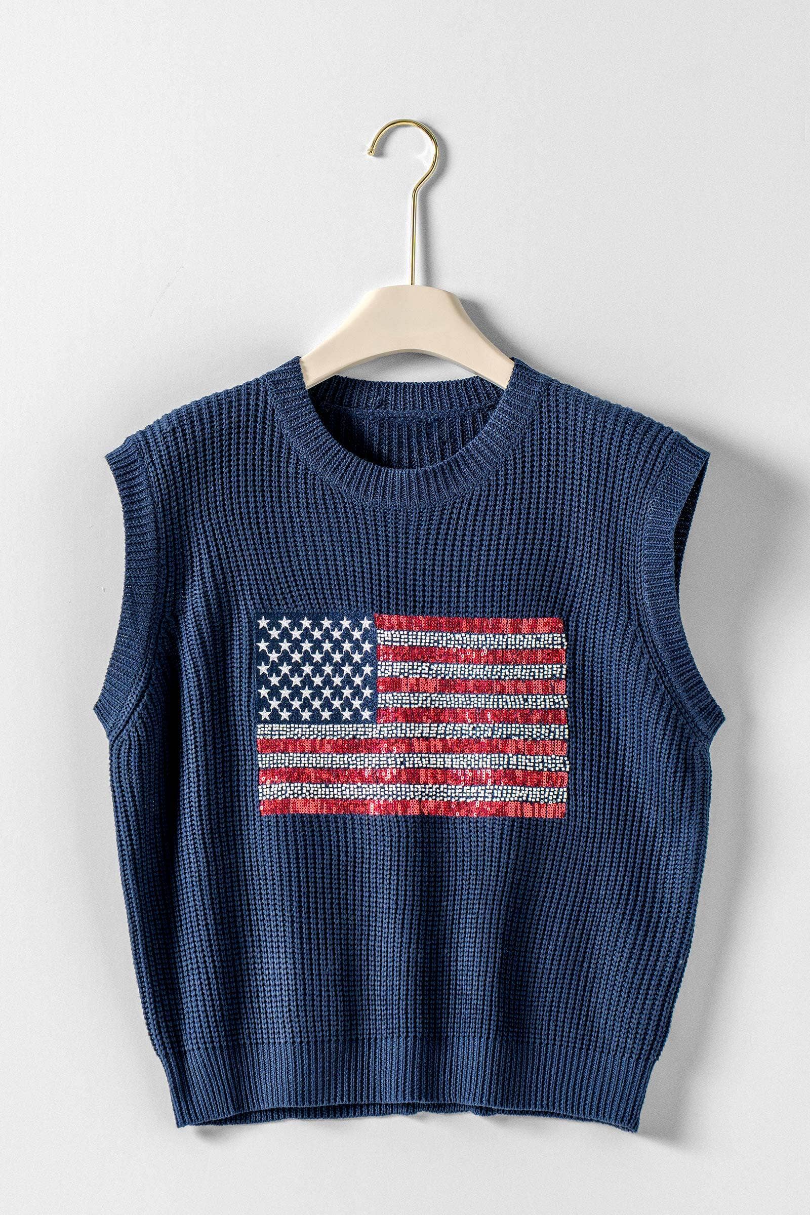 Urban Daizy American Flag Knit Vest Sequin Detail Navy Sweater Vest - Women's (UDZ-KN-01046)
