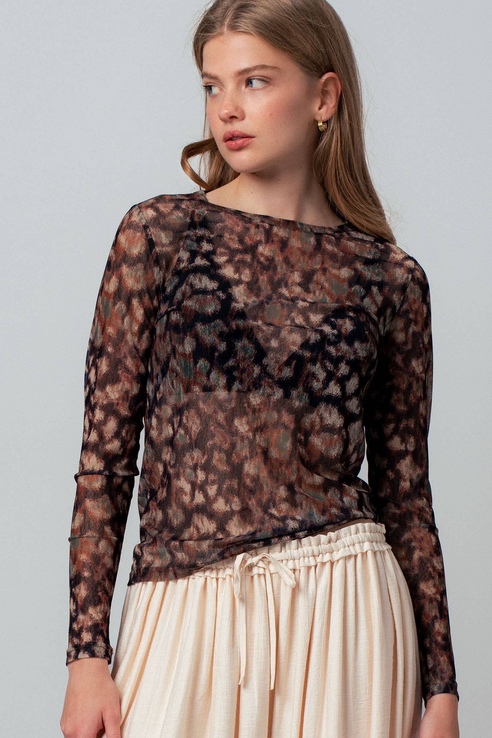 Urban Daizy Sheer Mesh Animal Print Long Sleeve Top Muliti Blouse - Women's (UDZ-TP-01044)
