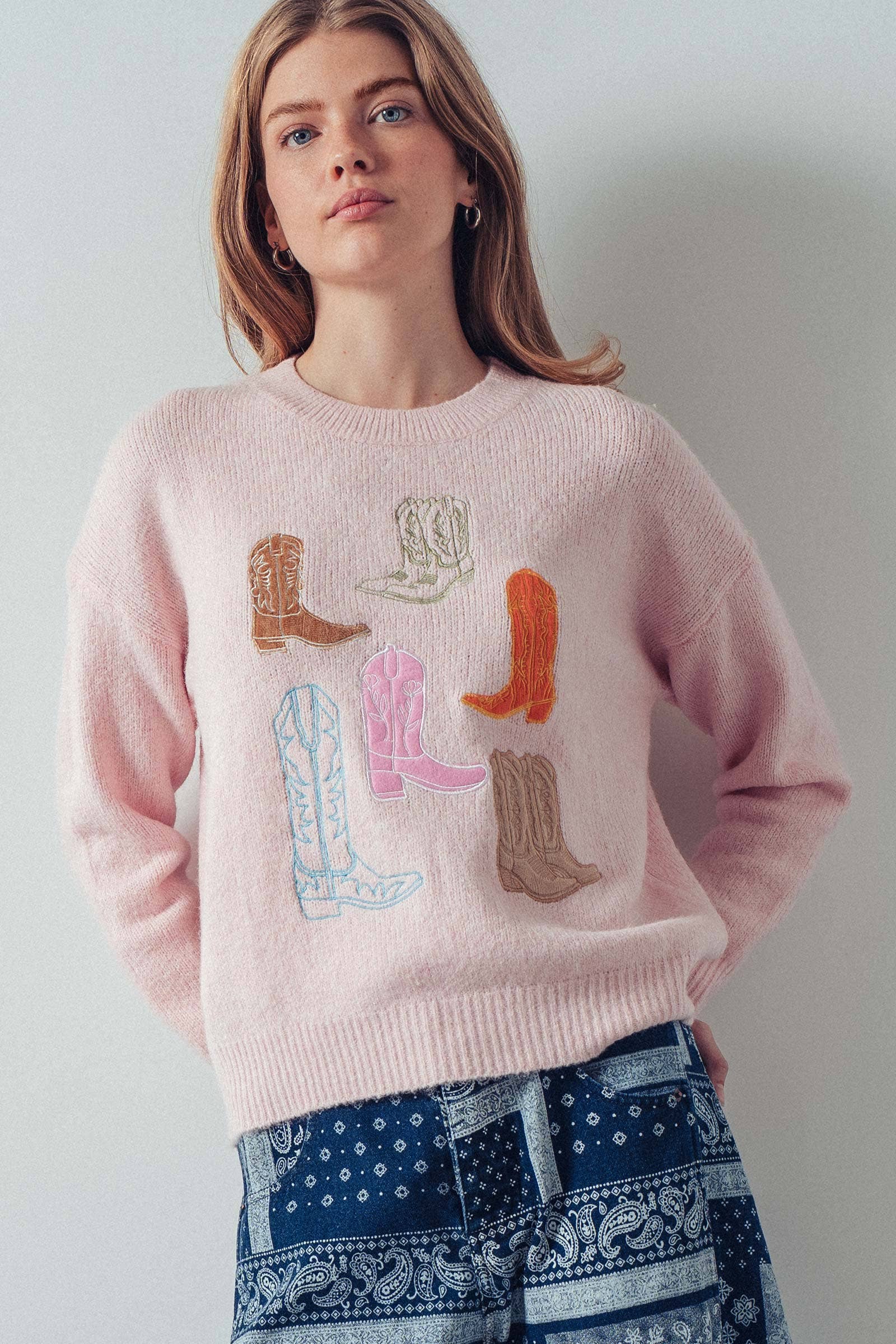 Western Embroidered Cowboy Boot Sweater
