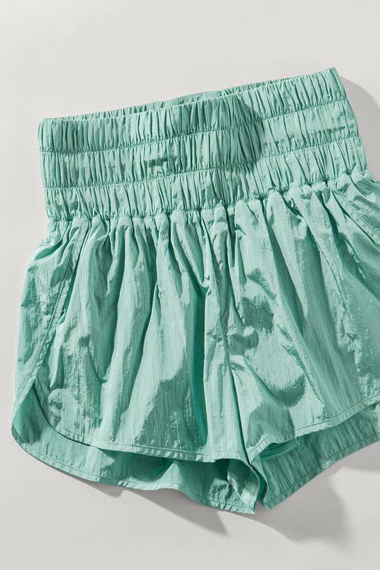 High-Waisted Smocked Nylon Running Shorts with Liner