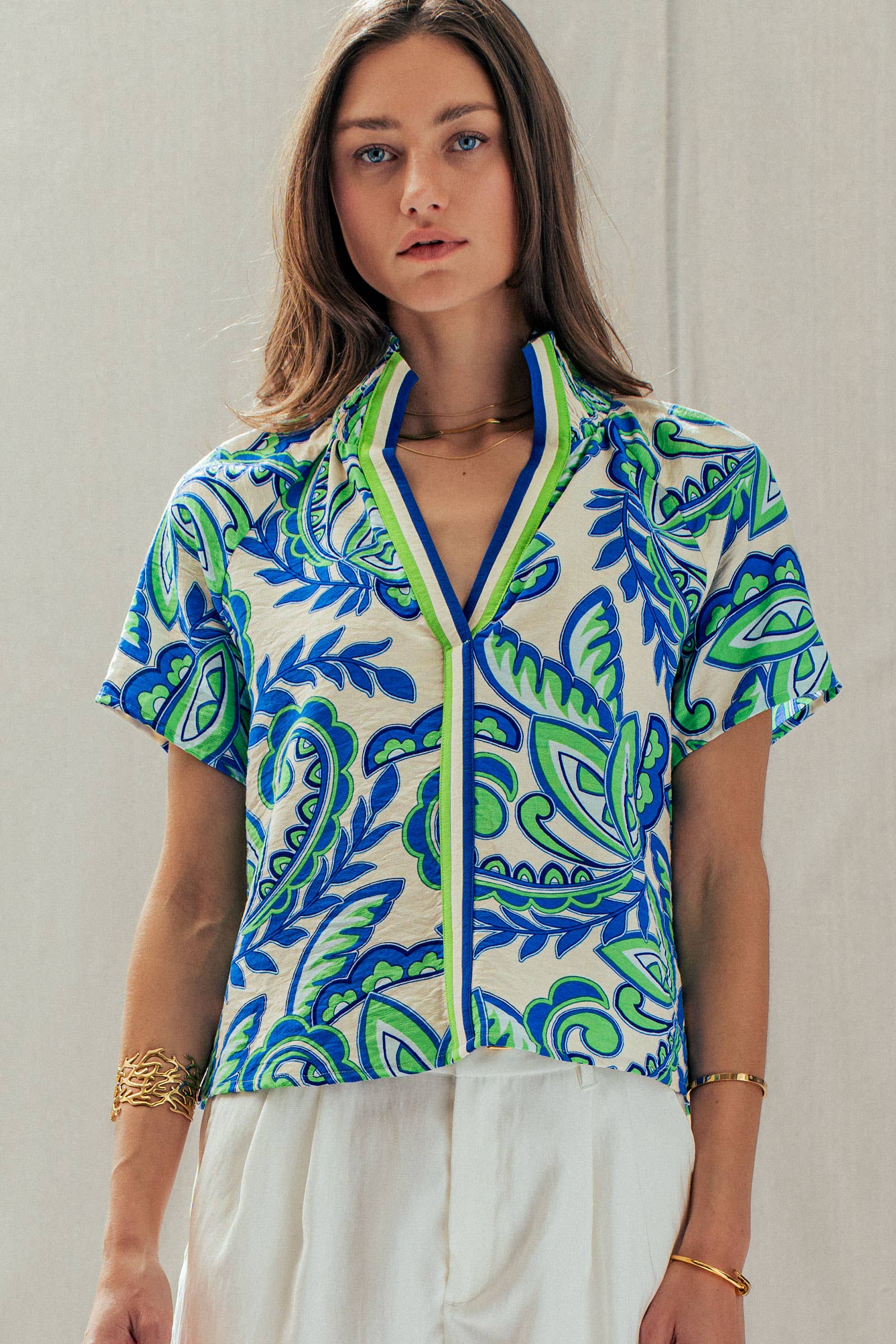 Paisley Smocked High-Neck V-Neck Blouse