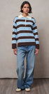 Striped Knit Rugby Polo Sweater in BROWN BLUE - Women's Sweaters | Urban Daizy