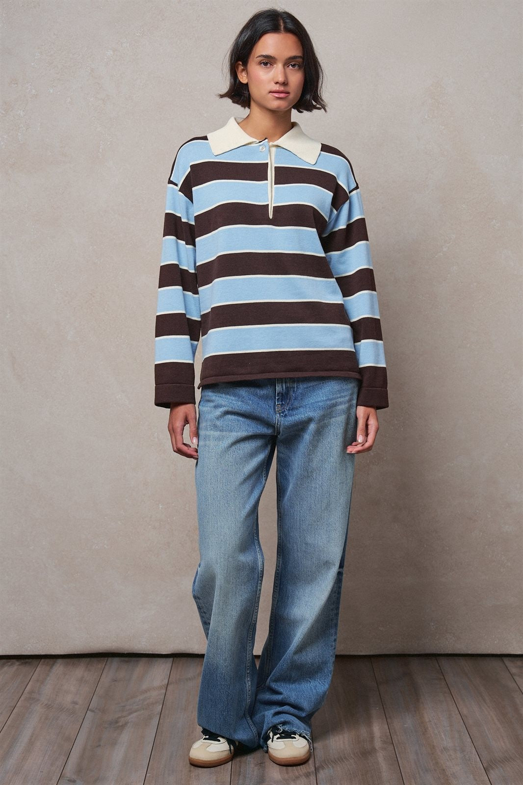 Striped Knit Rugby Polo Sweater in BROWN BLUE - Women's Sweaters | Urban Daizy