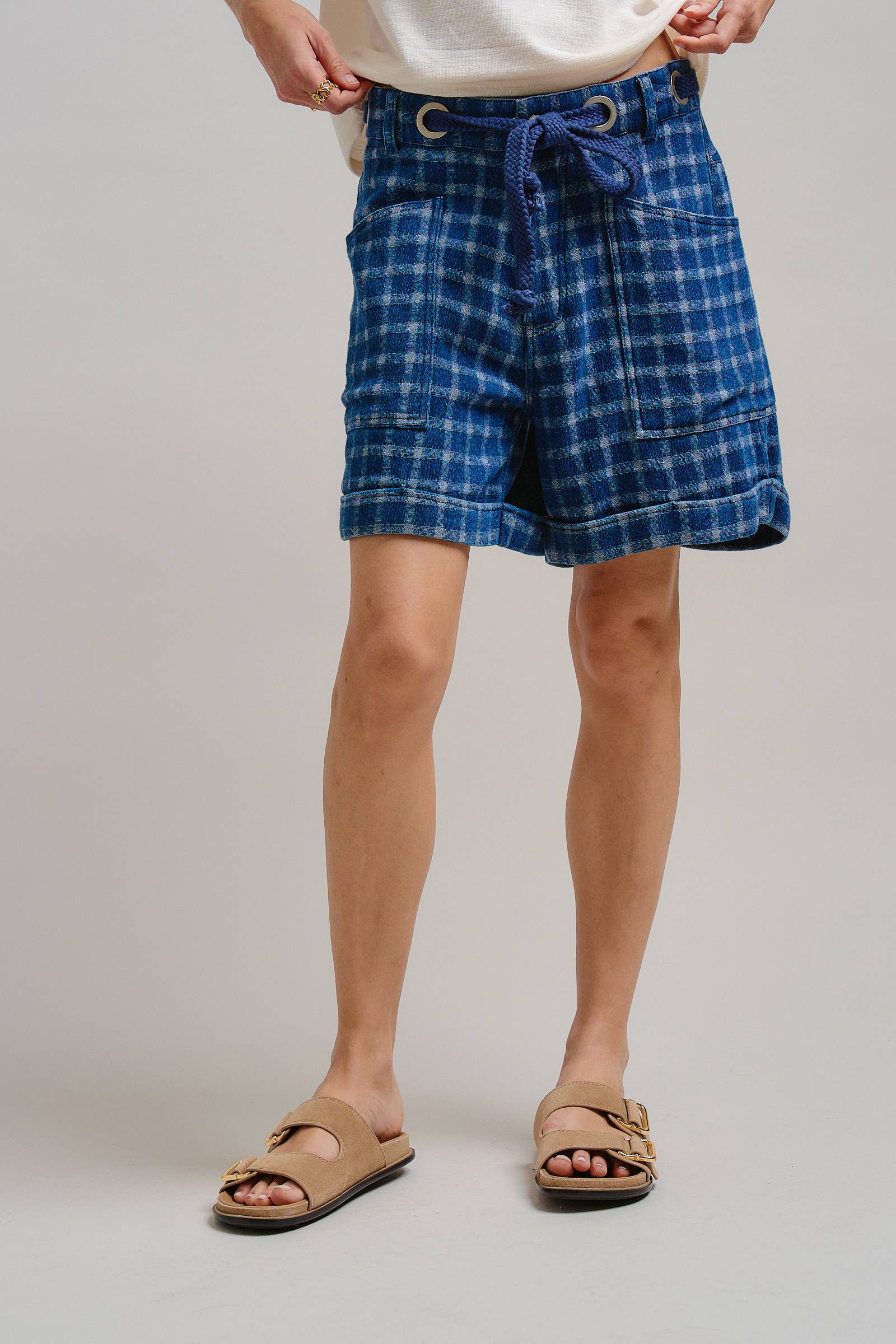 Plaid Cotton Blend Shorts Rope Drawstring