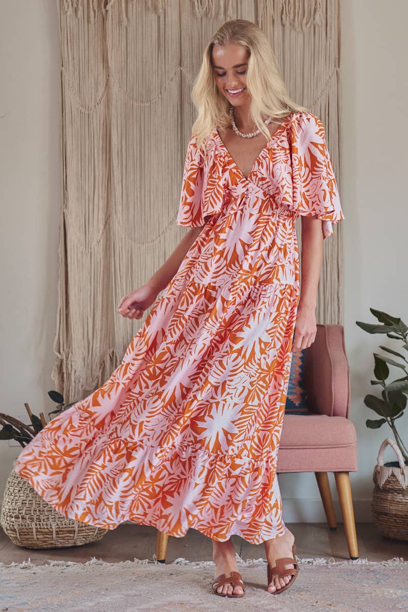 Tropical Leaf Print Maxi Dress