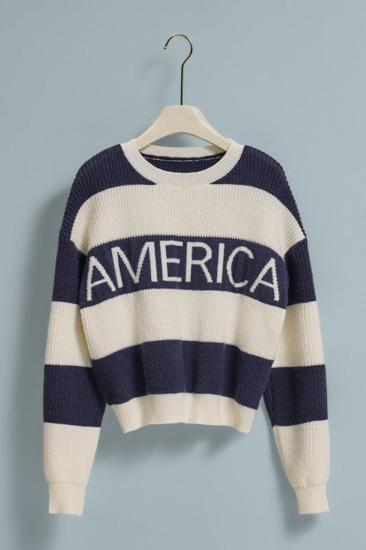 Nantucket America Stripe Crewneck Sweater in IVORY NAVY - Women's Sweaters | Urban Daizy