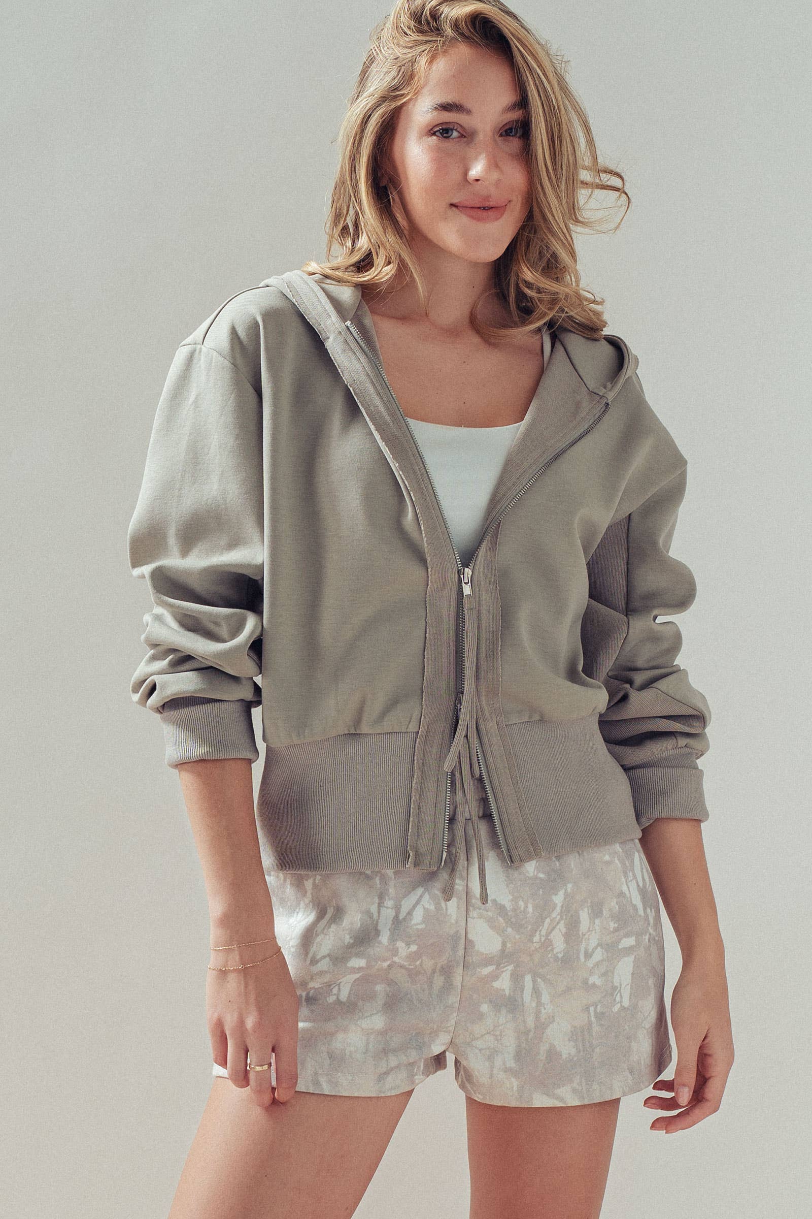 Urban Daizy Cotton Blend Zip-Up Hoodie Wide Ribbed Hem Warm-Taupe Hoodie - Women's (UDZ-KN-01044) – alternate view 3