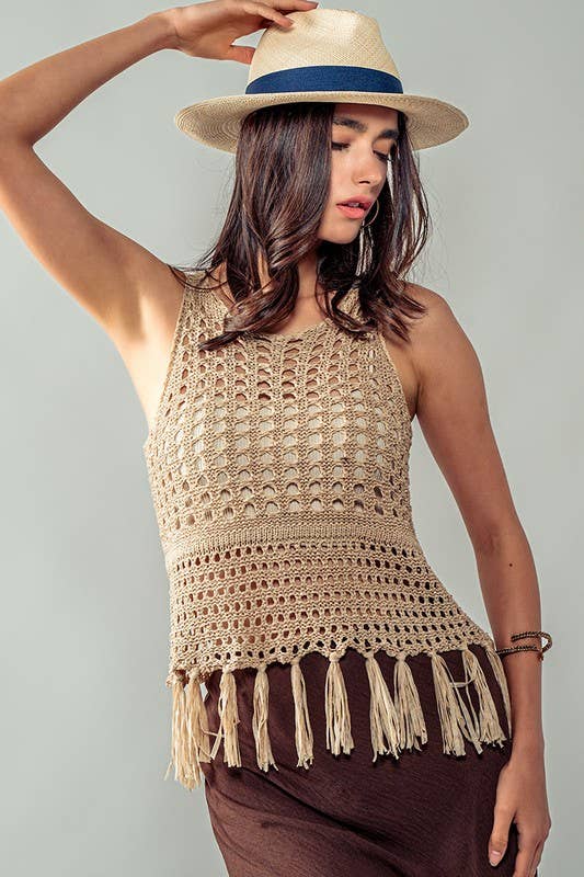 Urban Daizy Crochet Knit Boho Tassel Hem Summer Cover Top Khaki Knit Top - Women's (UDZ-TP-00504) – alternate view 3