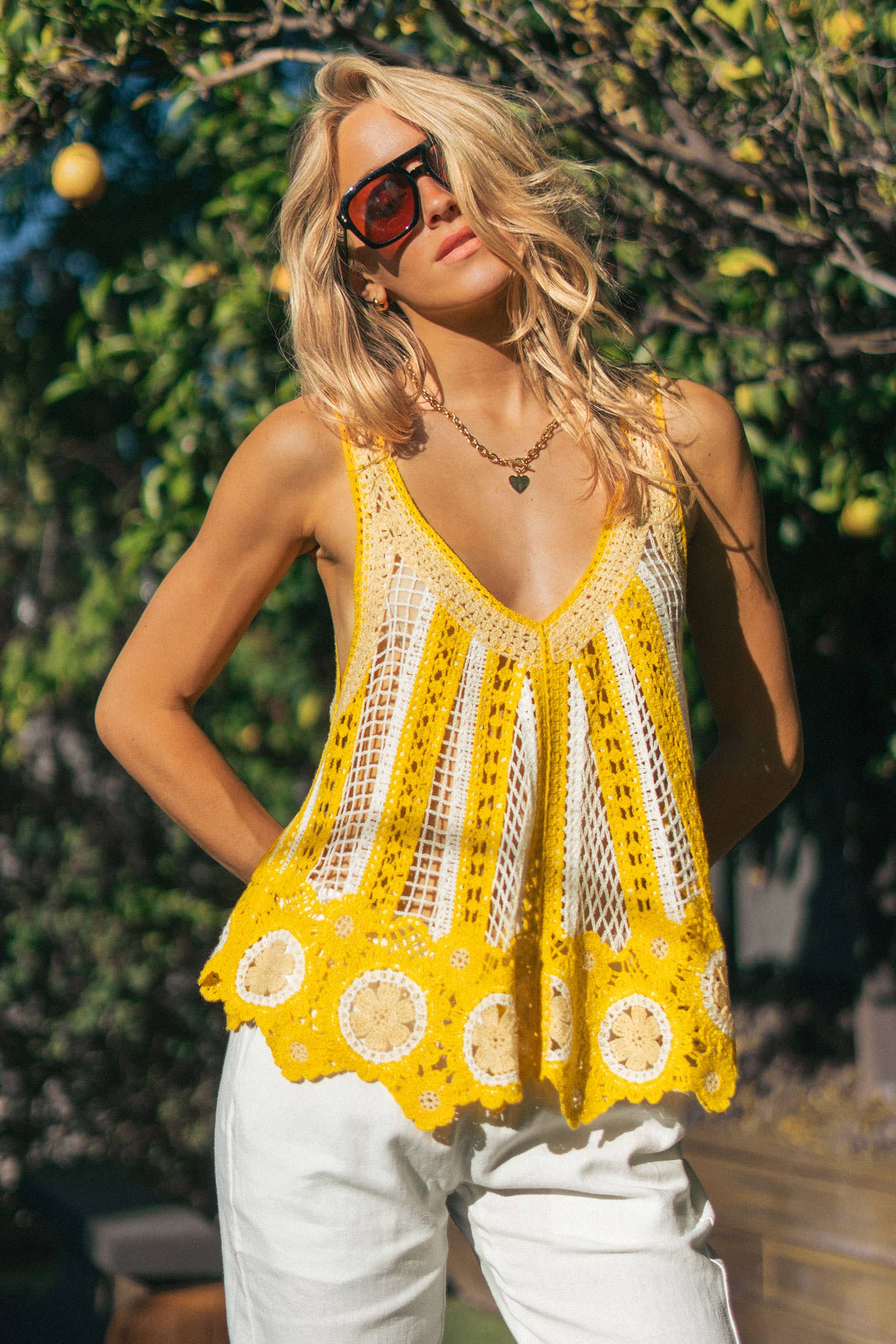 Floral Motif Open-Knit Crochet Tank