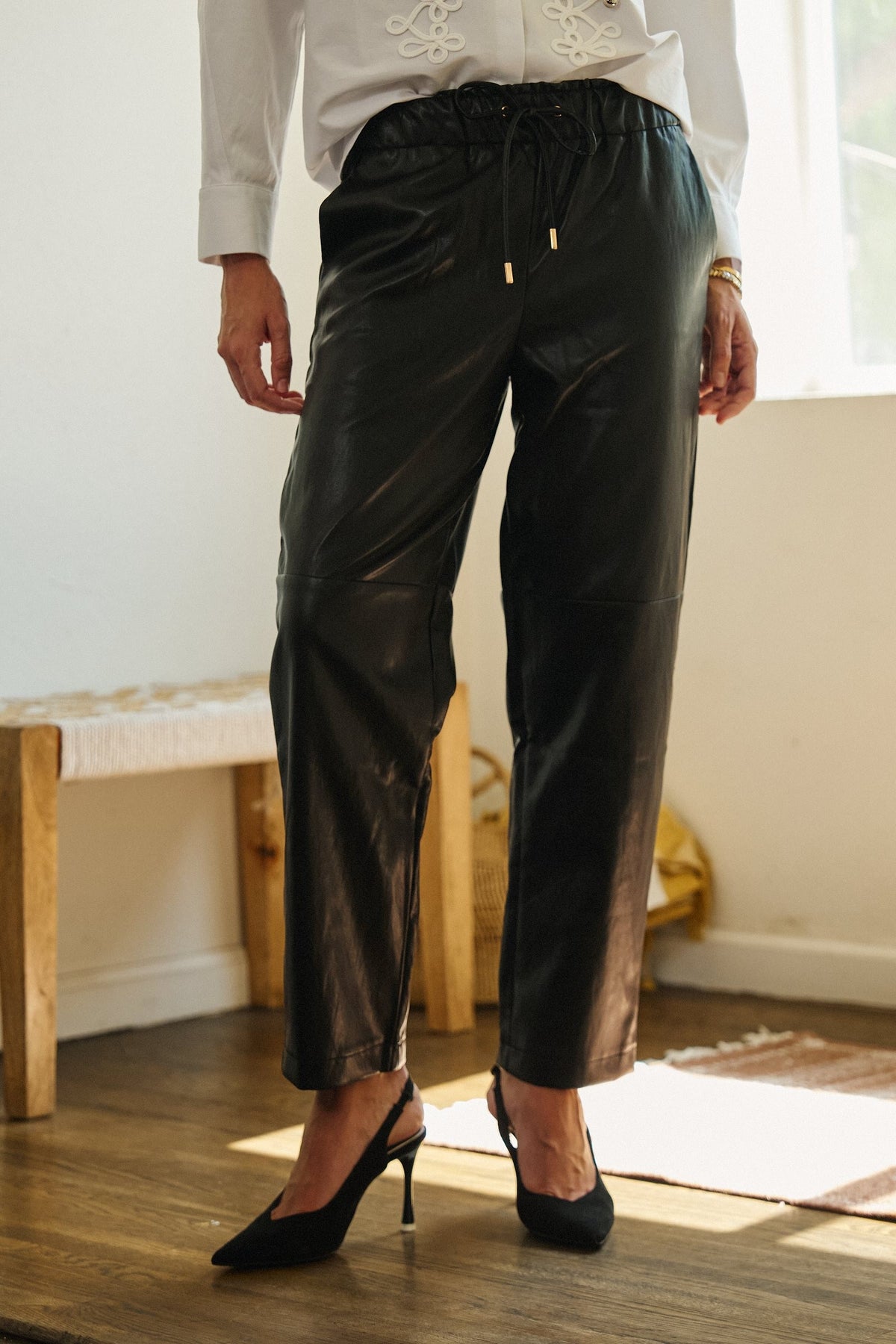Faux Leather Drawstring Jogger Pants in BLACK - Women's Casual Pants | Urban Daizy