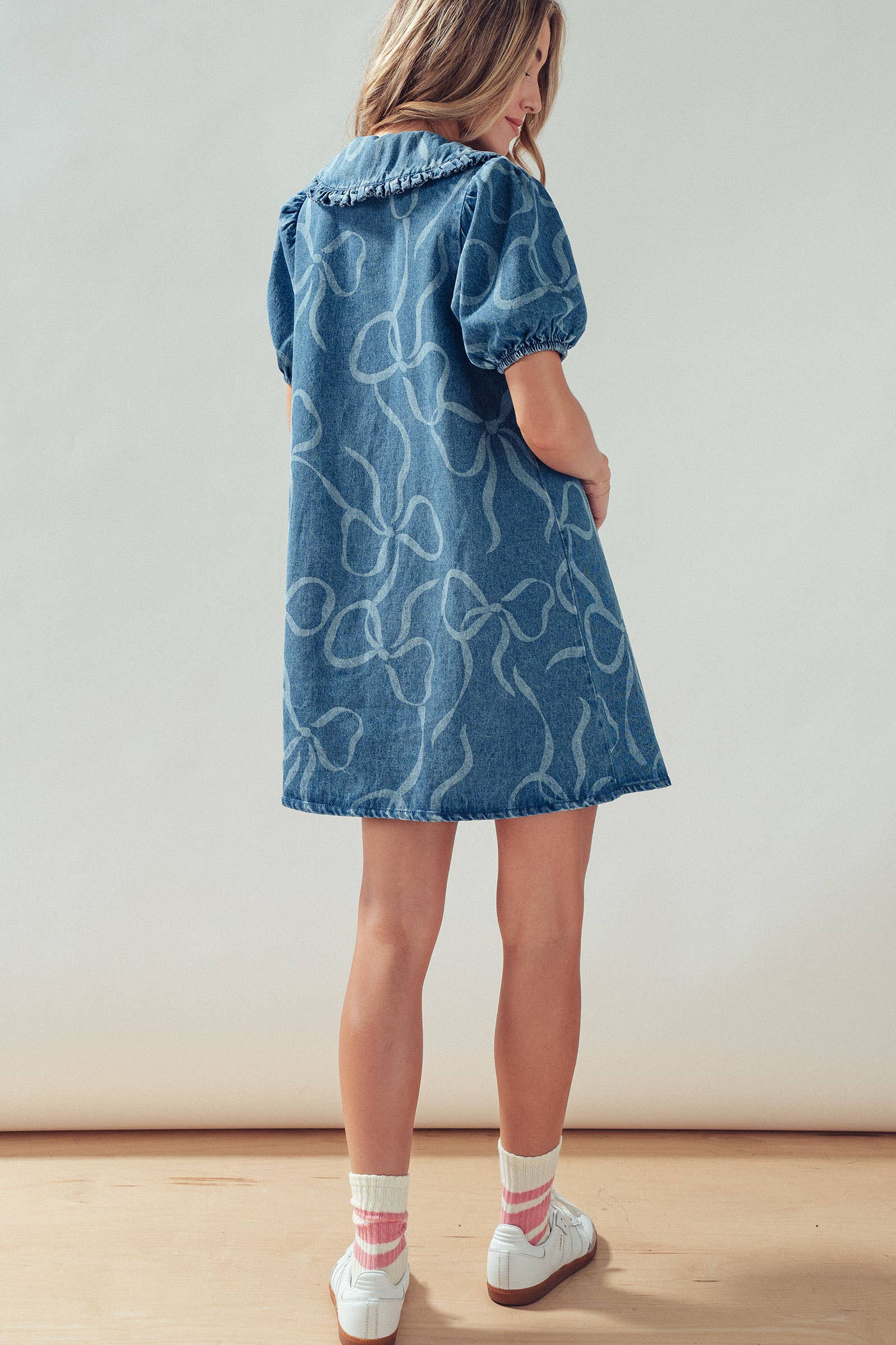 Bow Print Puff Sleeve Denim Mini Dress