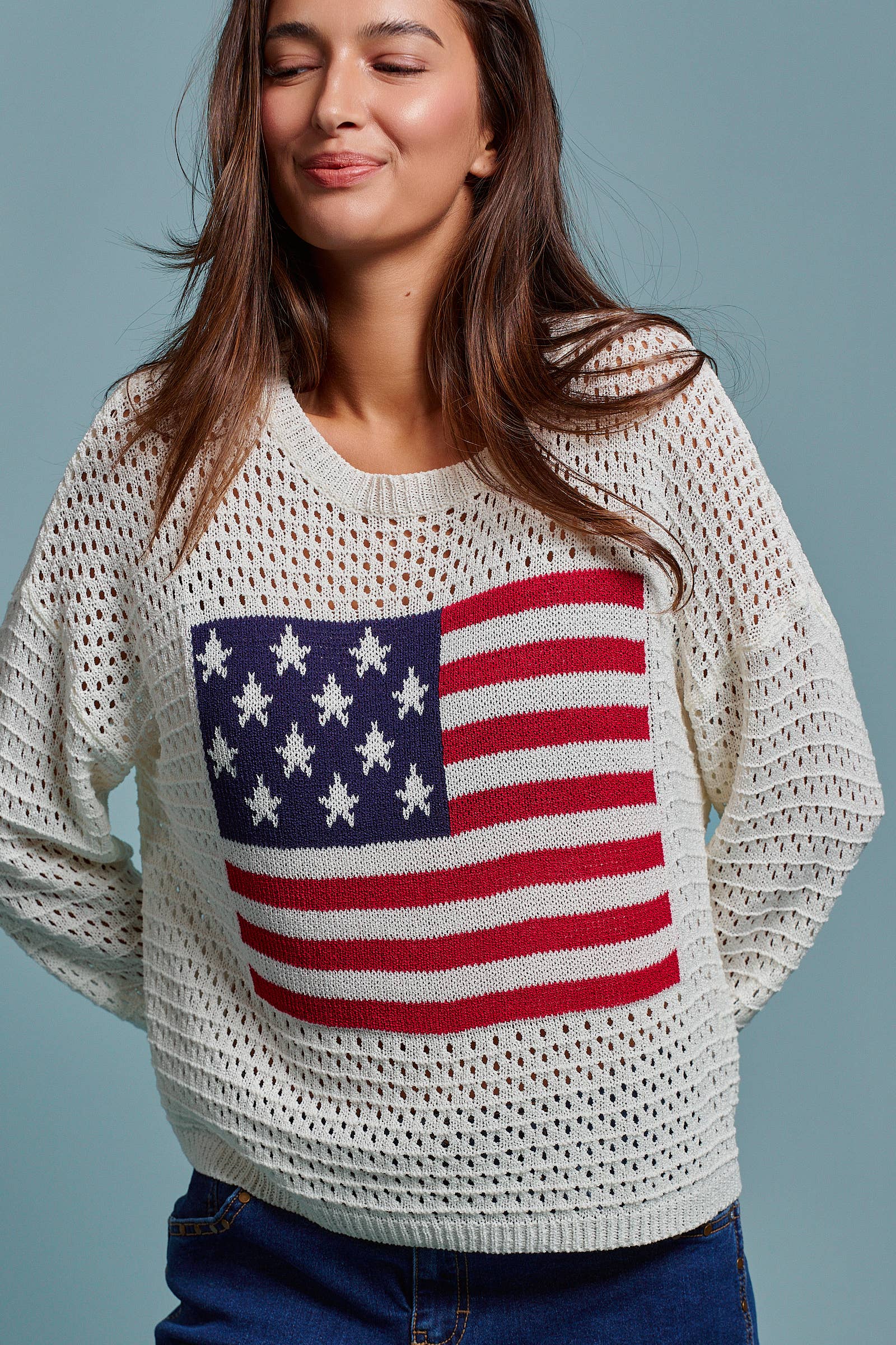 American Flag Patch Open Knit Cotton Sweater