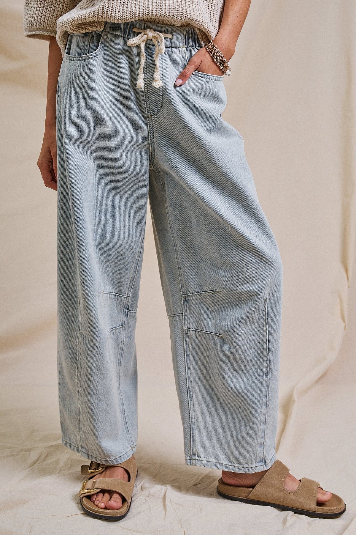 Laid-Back Light Wash Barrel Denim Pants in LT DENIM - Women's Wide Leg Jeans | Urban Daizy