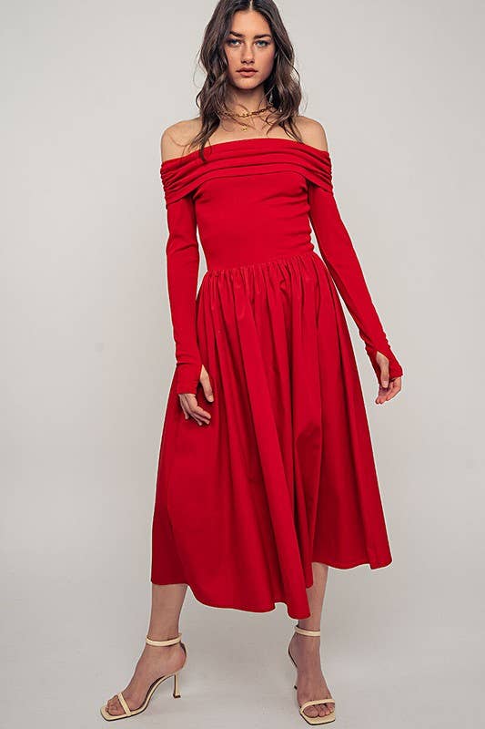 Urban Daizy Elegant Off Shoulder Ruched Long Sleeve Spring Midi Dress Red Dress - Women's (UDZ-DR-00366) – alternate view 10