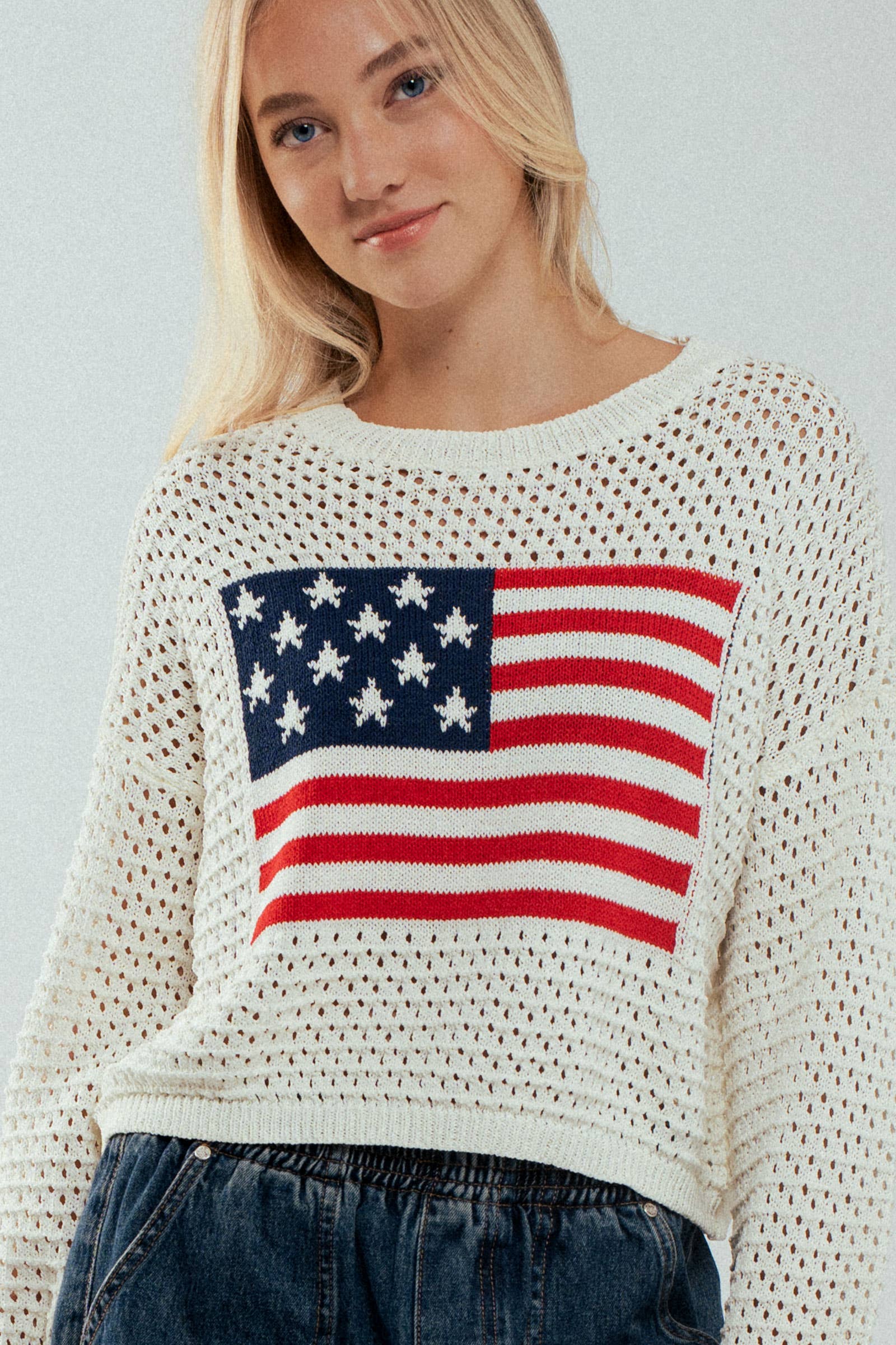 Urban Daizy Old American Flag Crochet Crewneck Sweater Ivory Knit Sweater - Women's (UDZ-KN-00502) – alternate view 4