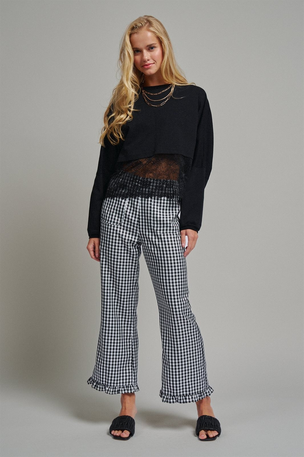 Gingham Ruffle Hem Cropped Wide Leg Pants in Brown in BLACK - Women's Casual Pants | Urban Daizy