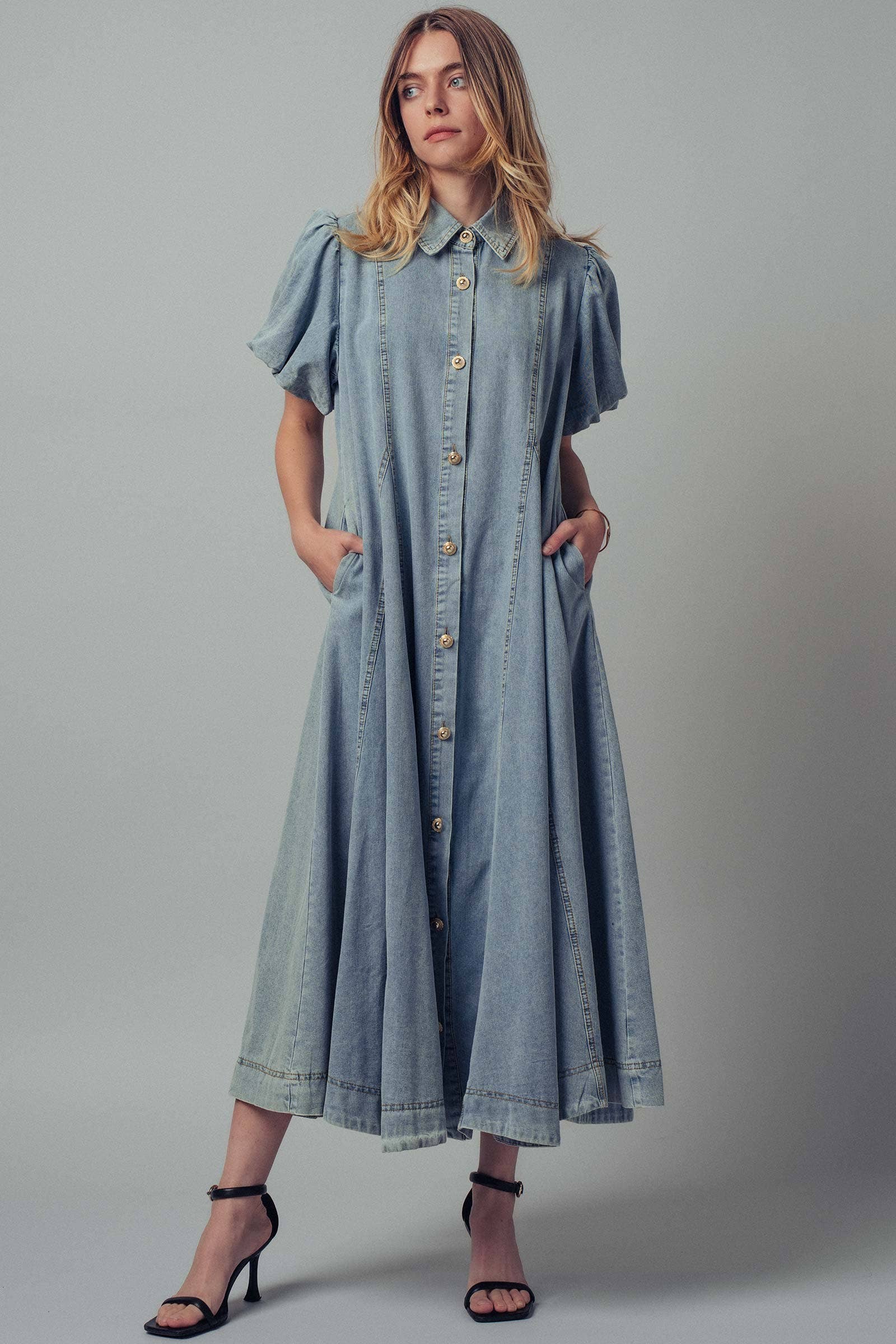 Urban Daizy Puff Sleeve A-Line Denim Maxi Dress Lt-Denim Dress - Women's (UDZ-DR-00392)
