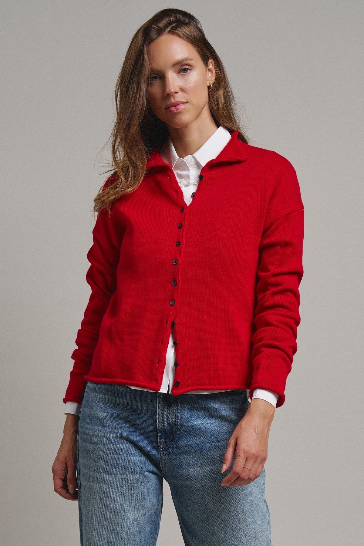 Striped Polo Collar Button Sweater with Rolled Edges in RED - Women's Cardigans & Shrugs | Urban Daizy
