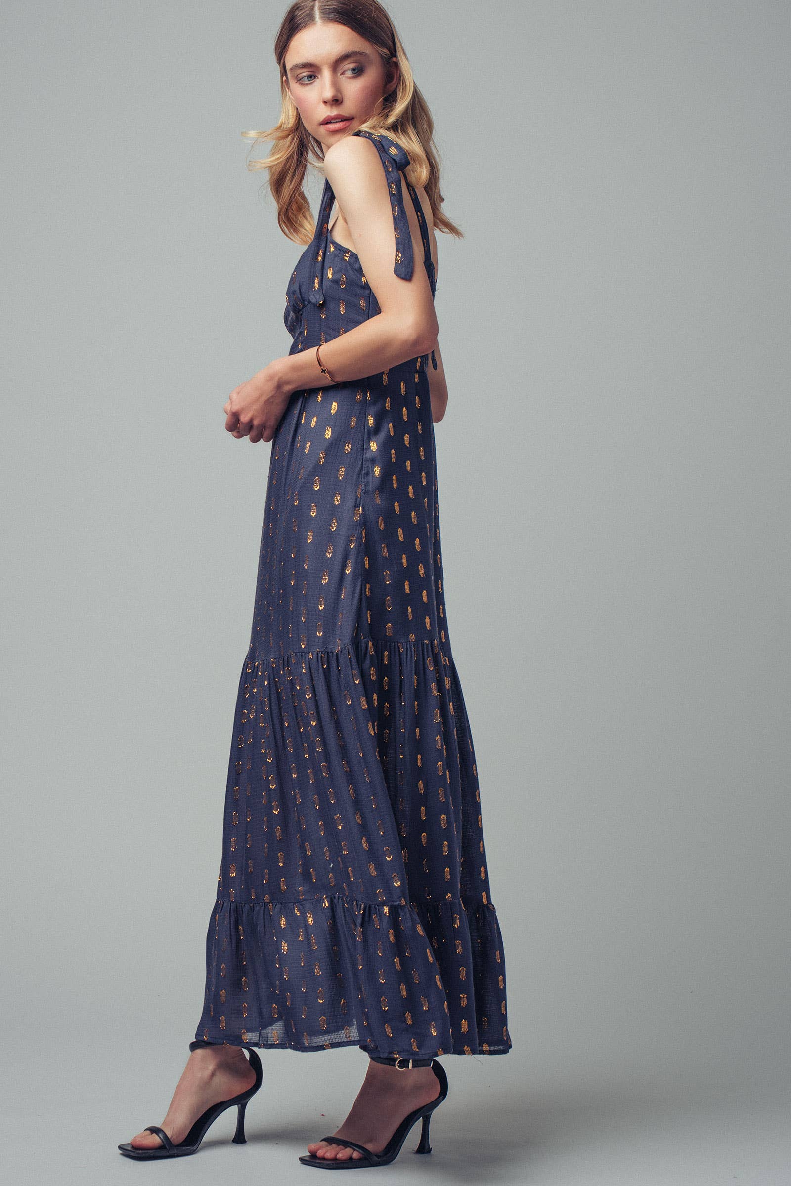 Urban Daizy Metallic Tie-Shoulder Smocked Maxi Dress Navy-Gold Dress - Women's (UDZ-KN-00657) – alternate view 4