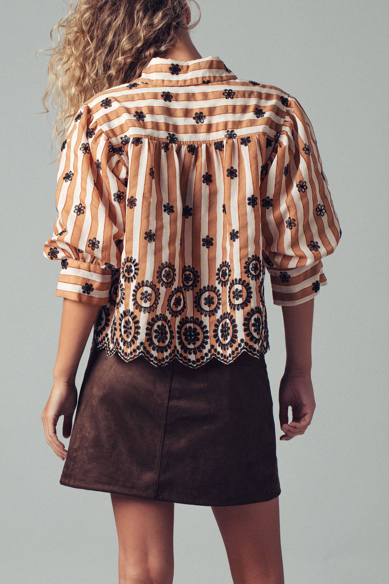 Urban Daizy Striped Floral Embroidered Scallop Blouse Olive Button Down Shirt - Women's (UDZ-TP-00953) – alternate view 13