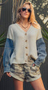 Urban Daizy Mixed Media Flag Denim Sleeve Cardigan Ivory Cardigan - Women's (UDZ-KN-01043)