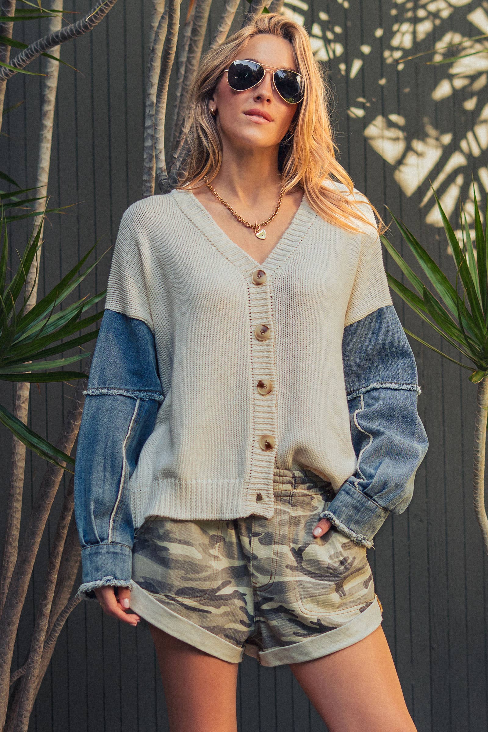 Urban Daizy Mixed Media Flag Denim Sleeve Cardigan Ivory Cardigan - Women's (UDZ-KN-01043)