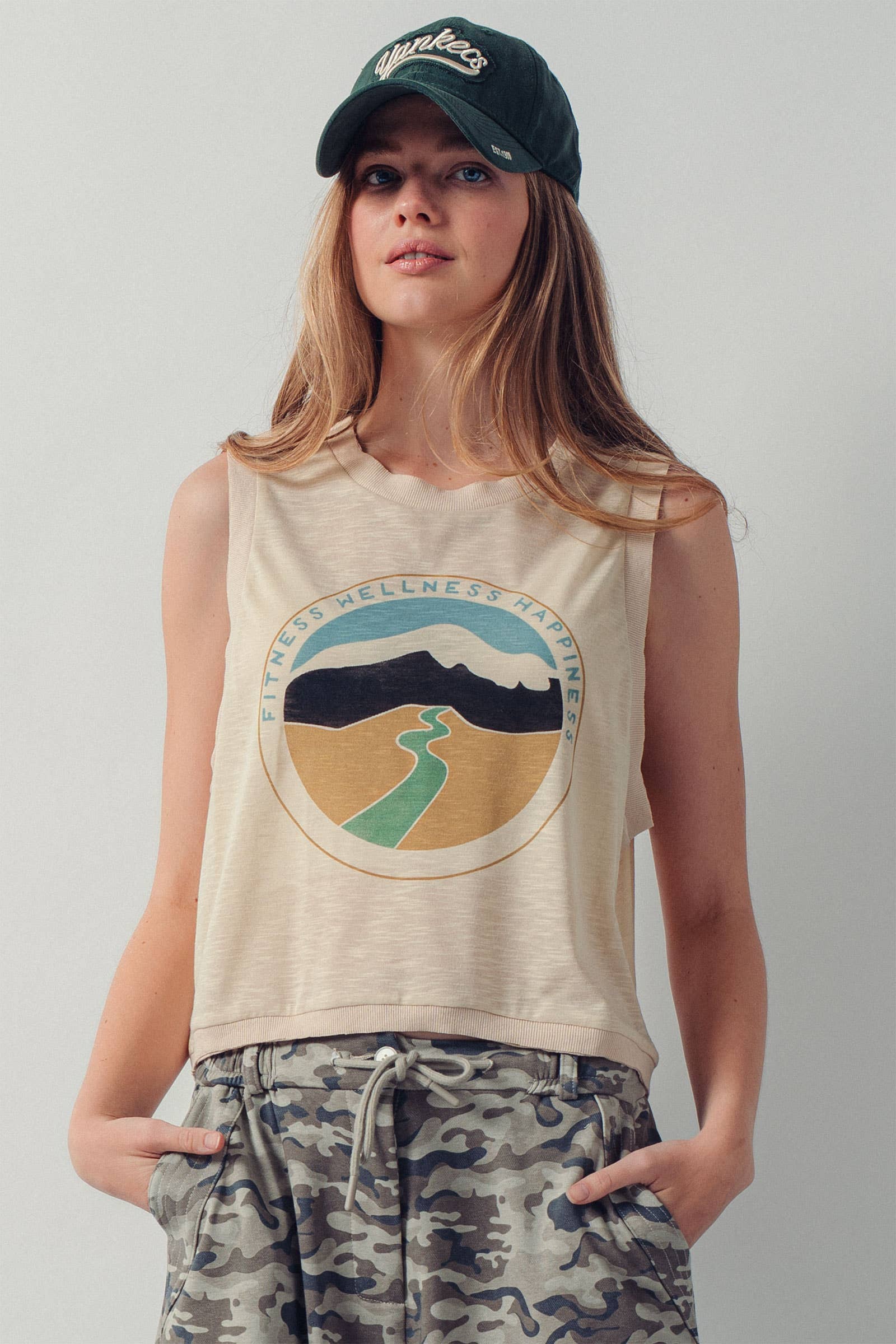 Urban Daizy "Wellness Happiness" Graphic Muscle Tank Lt-Khaki Tank Top - Women's (UDZ-TP-00977)