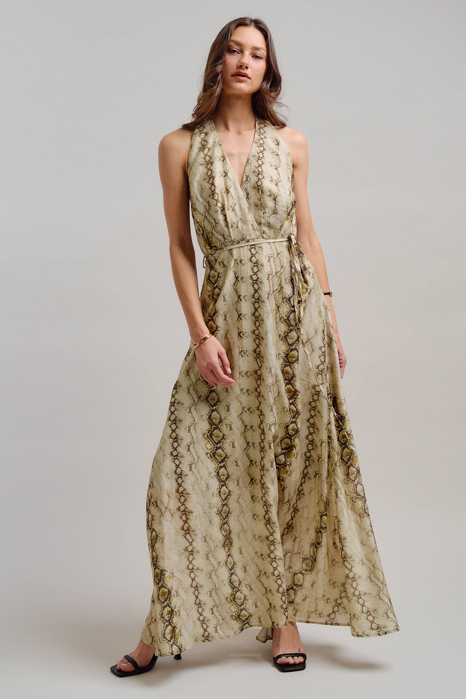 Snake Print Tencel Linen Halter Maxi Dress