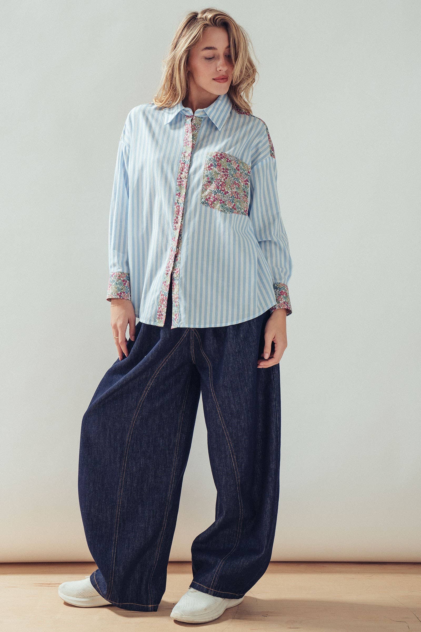 Floral Contrast Mixed Print Striped Shirt