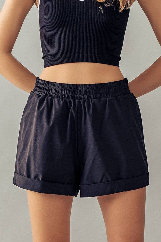 Urban Daizy Elastic Waist Rolled Hem Casual Shorts Black Shorts - Women's (UDZ-PT-00180)
