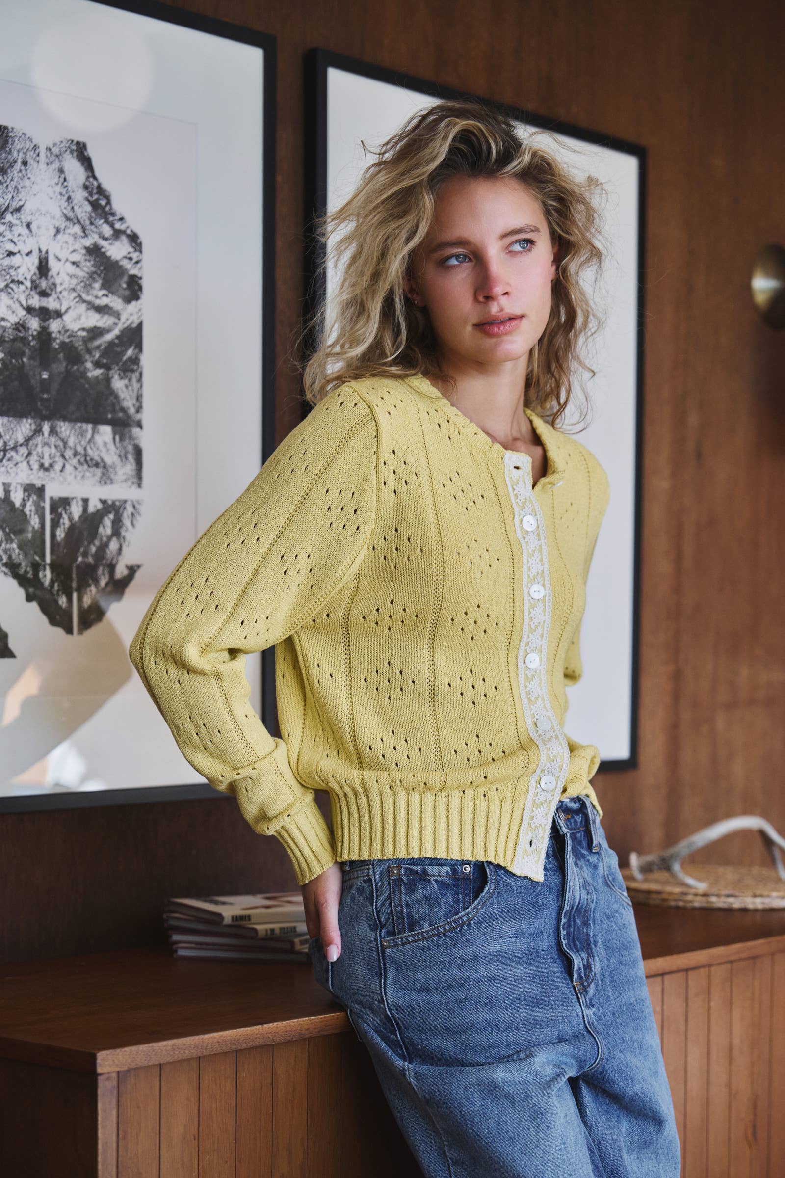 Urban Daizy Pointelle Knit Cardigan Lace Trim Button Down Green Cardigan - Women's (UDZ-KN-01051) – alternate view 6