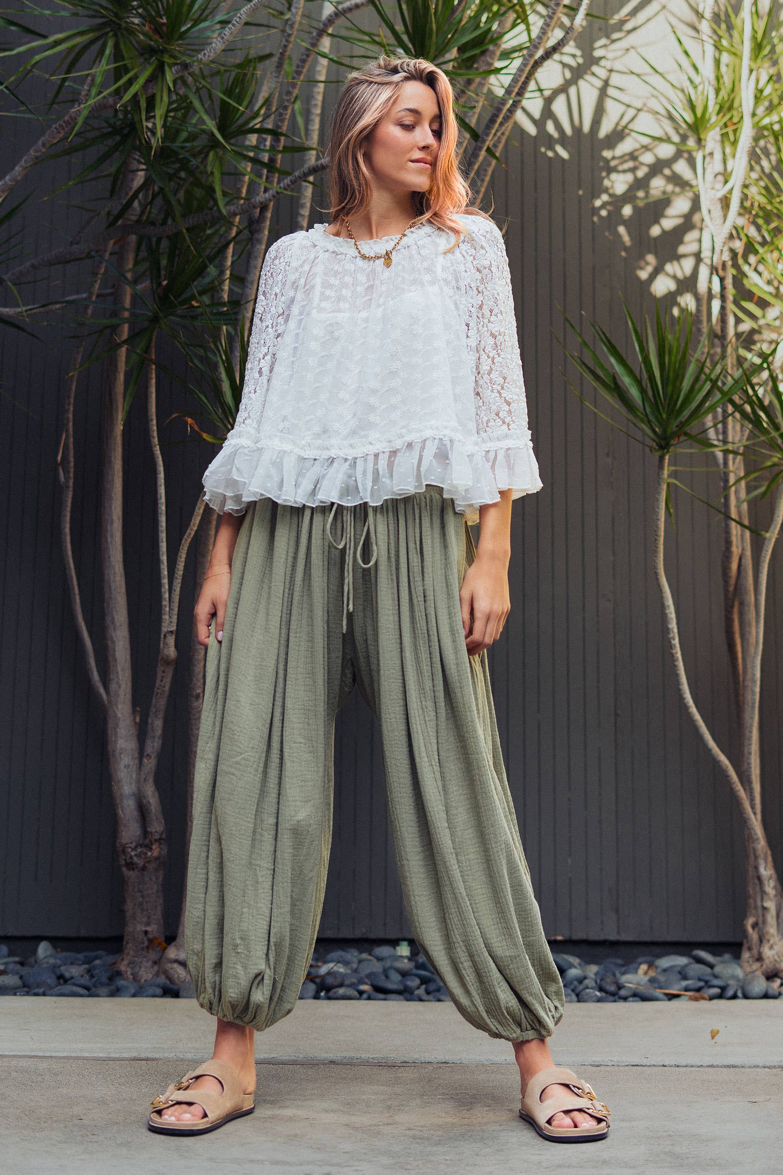 Urban Daizy Crinkle Balloon Pants Drawstring Olive Pants - Women's (UDZ-PT-00476) – alternate view 6