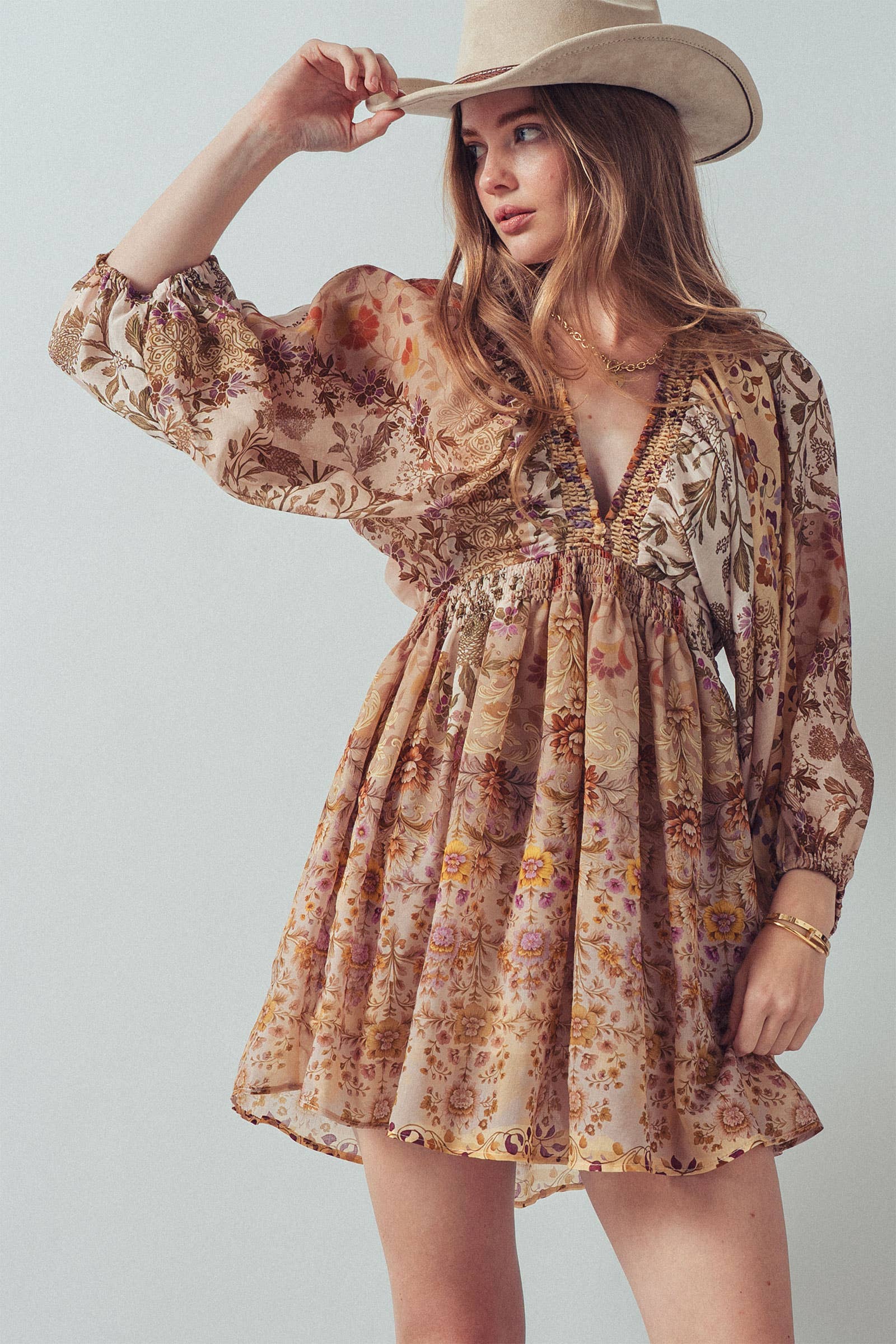 Urban Daizy Mixed-Print Boho Smocked Waist Mini Dress Taupe-Multi Dress - Women's (UDZ-DR-00478) – alternate view 7