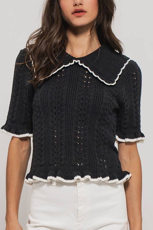 Urban Daizy Crochet Knit Ruffled Top Black Knit Top - Women's (UDZ-TP-00721)