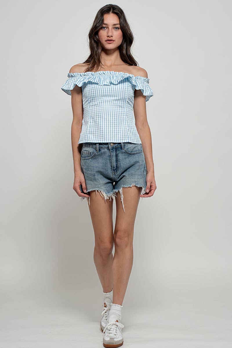 Urban Daizy Gingham Ruffle Off-Shoulder Crop Top Pink Blouse - Women's (UDZ-TP-01034) – alternate view 15