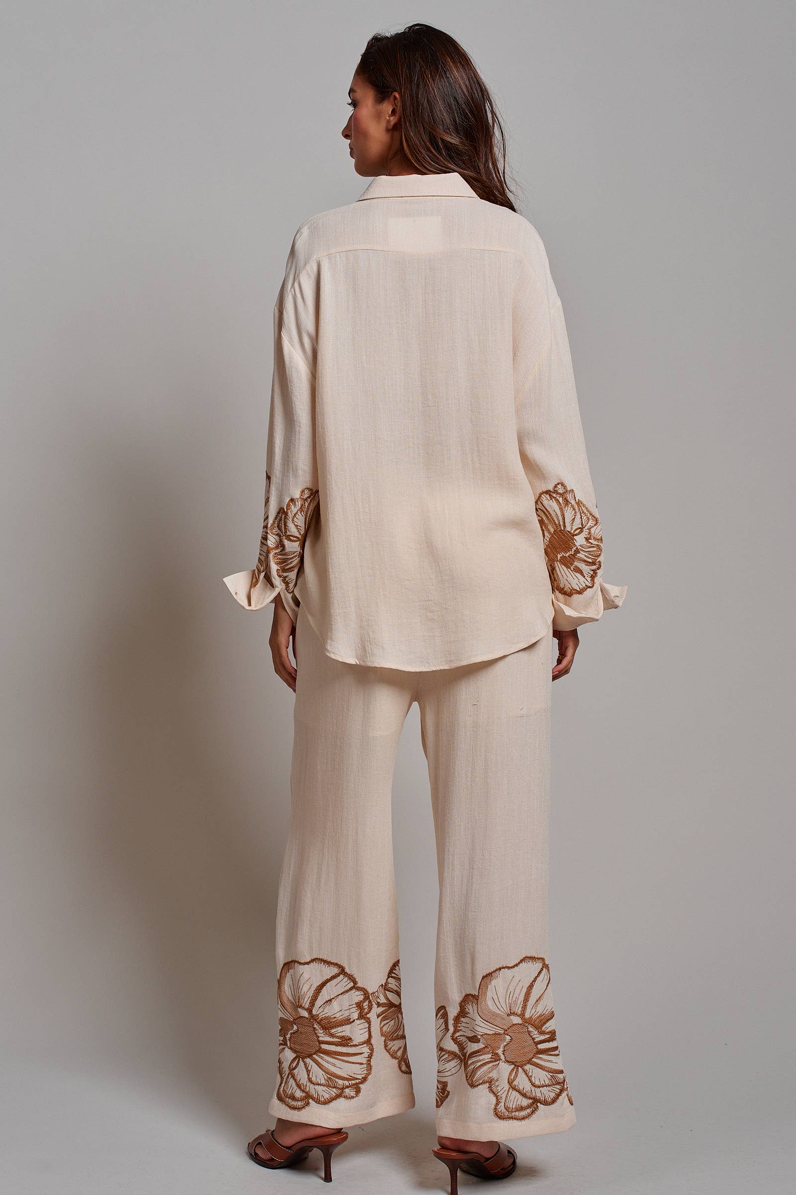 Floral Embroidered Wide Leg Drawstring Pants