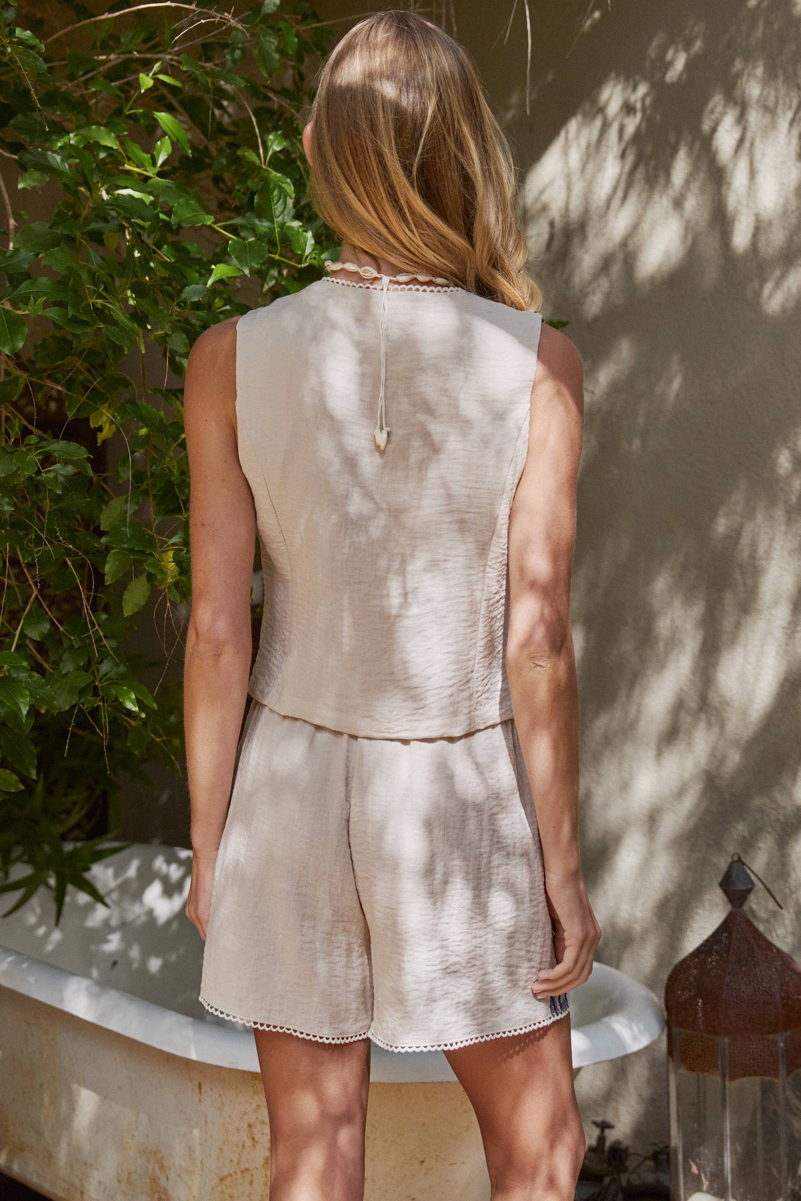 Blue Embroidered Linen Blend Crochet Trim Shorts