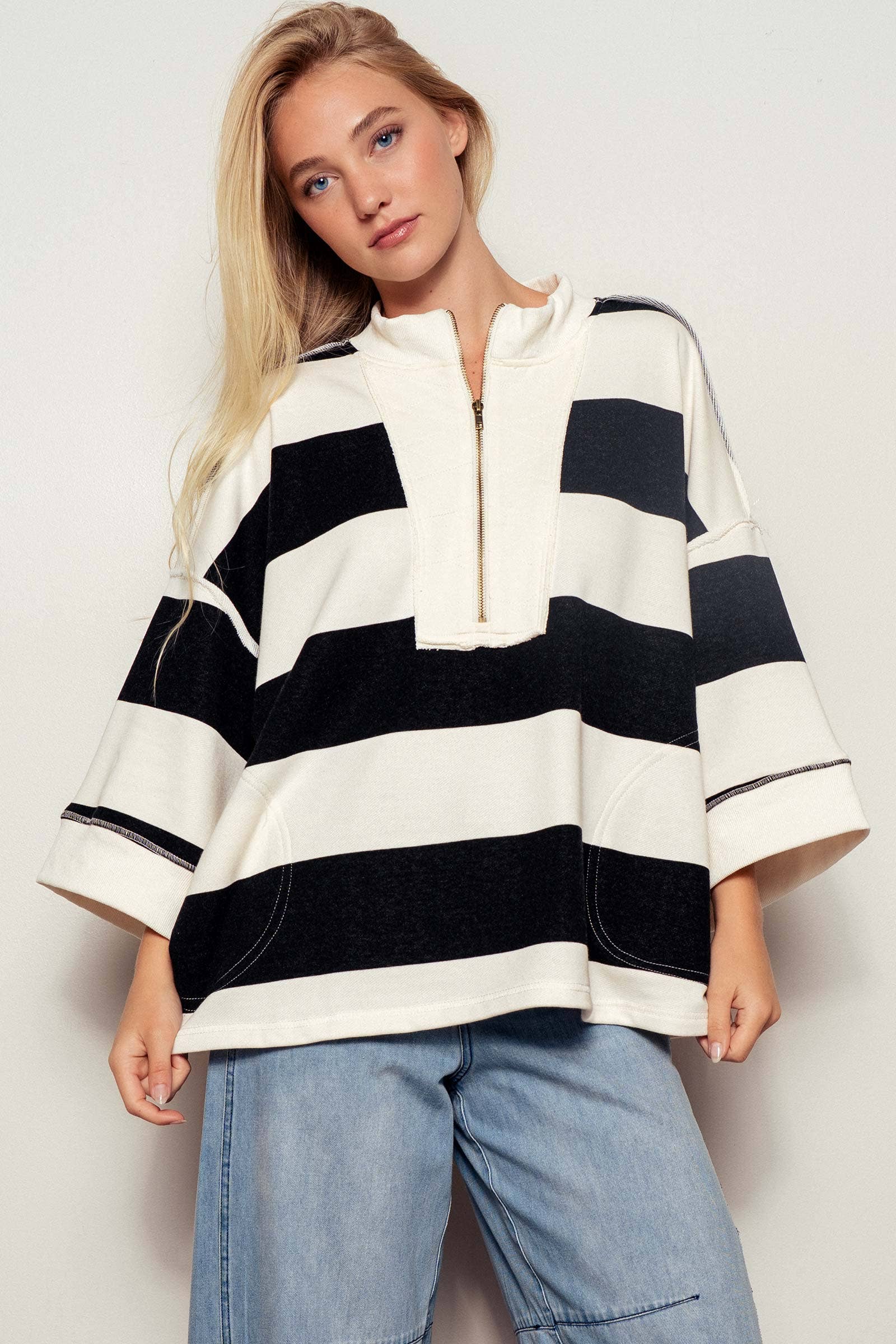 Urban Daizy Oversized Half Zip Bold Stripe Statement Pullover Sweatshirt Cream-Black Sweatshirt - Women's (UDZ-KN-00450)…