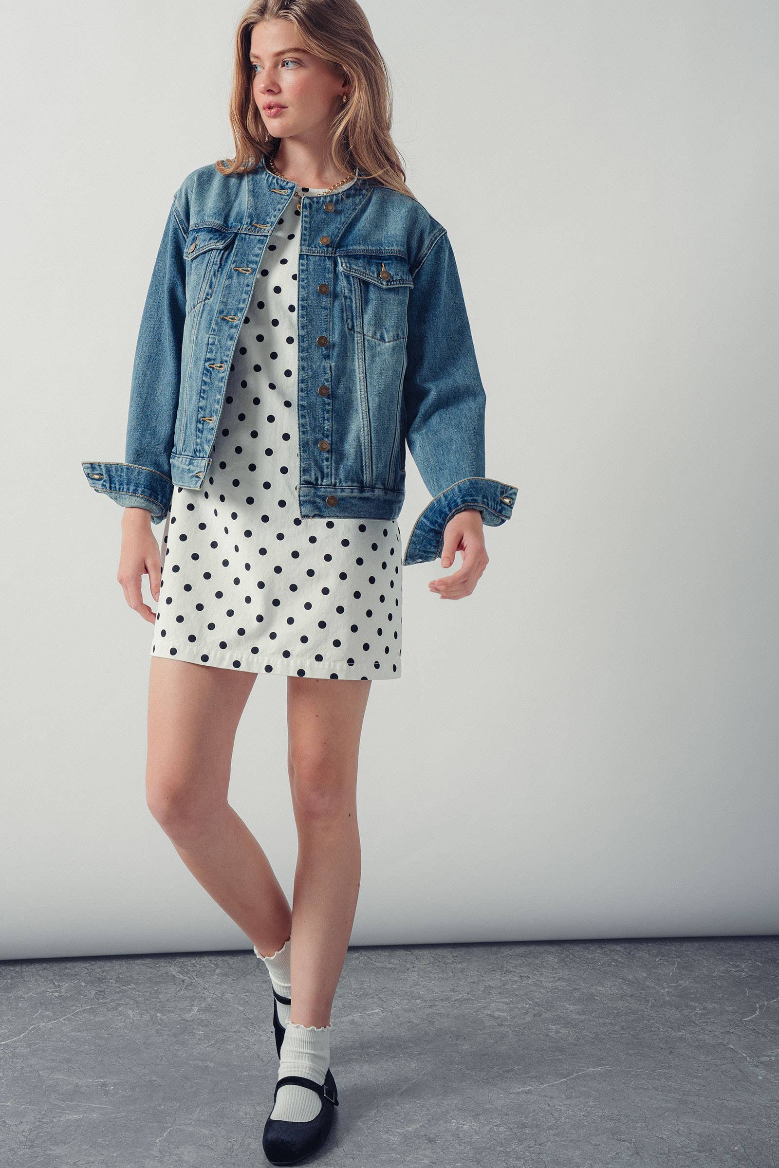 Urban Daizy Collarless Wash Denim Chore Jacket Denim Denim Jacket - Women's (UDOW0294-Denim) – alternate view 9