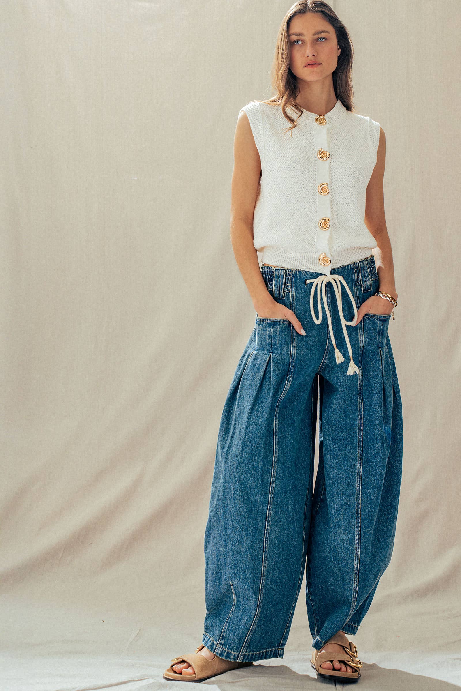 Urban Daizy Rope Drawstring Balloon Pants Pleated Front Brown-Stripe Pants - Women's (UDZ-PT-00481) – alternate view 22