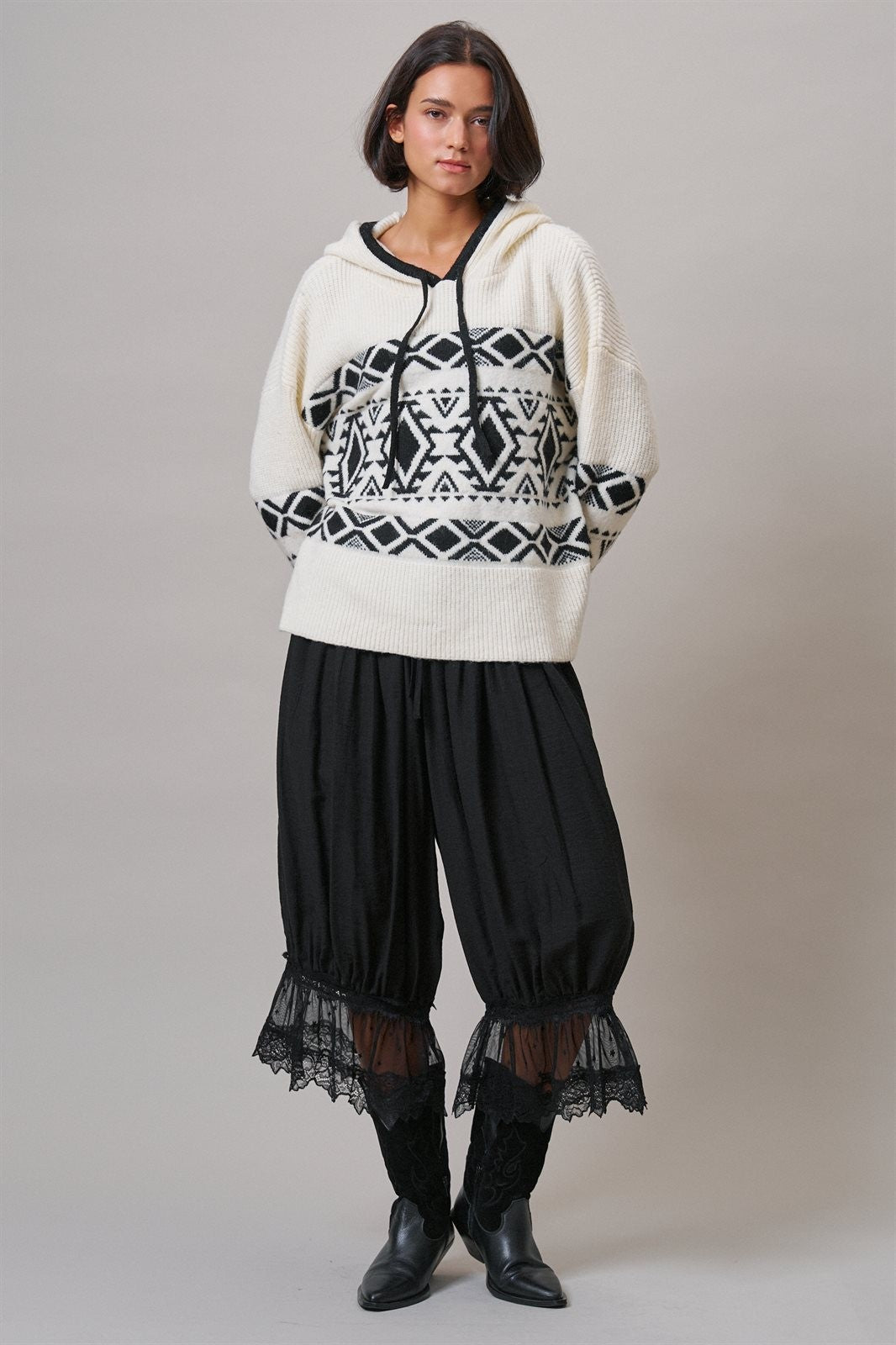 Nordic Fair Isle Hooded Sweater Wool Blend in IVORY BLACK - Women's Sweaters | Urban Daizy