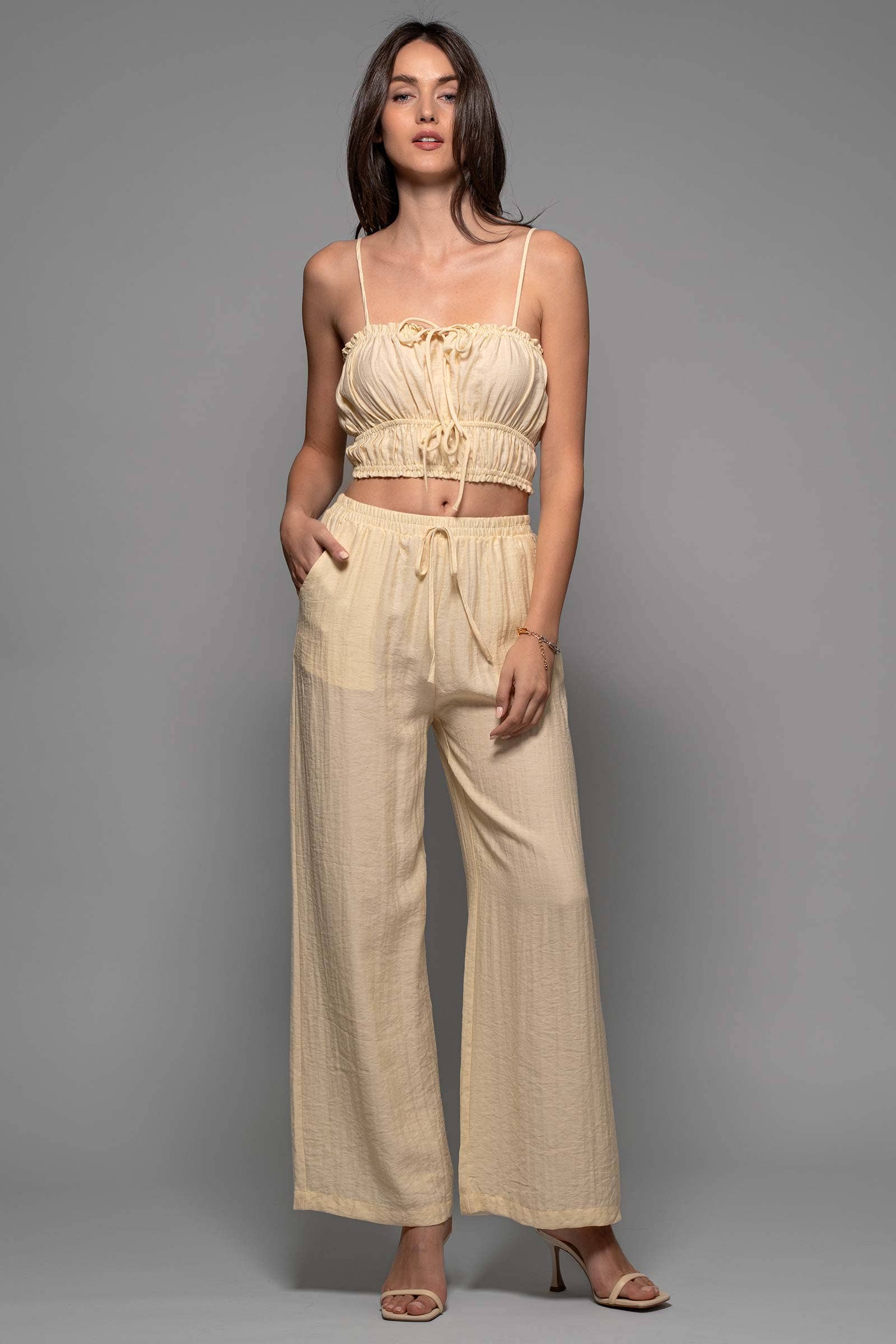 Linen-Blend Smocked Crop Top and Wide-Leg Pants Set