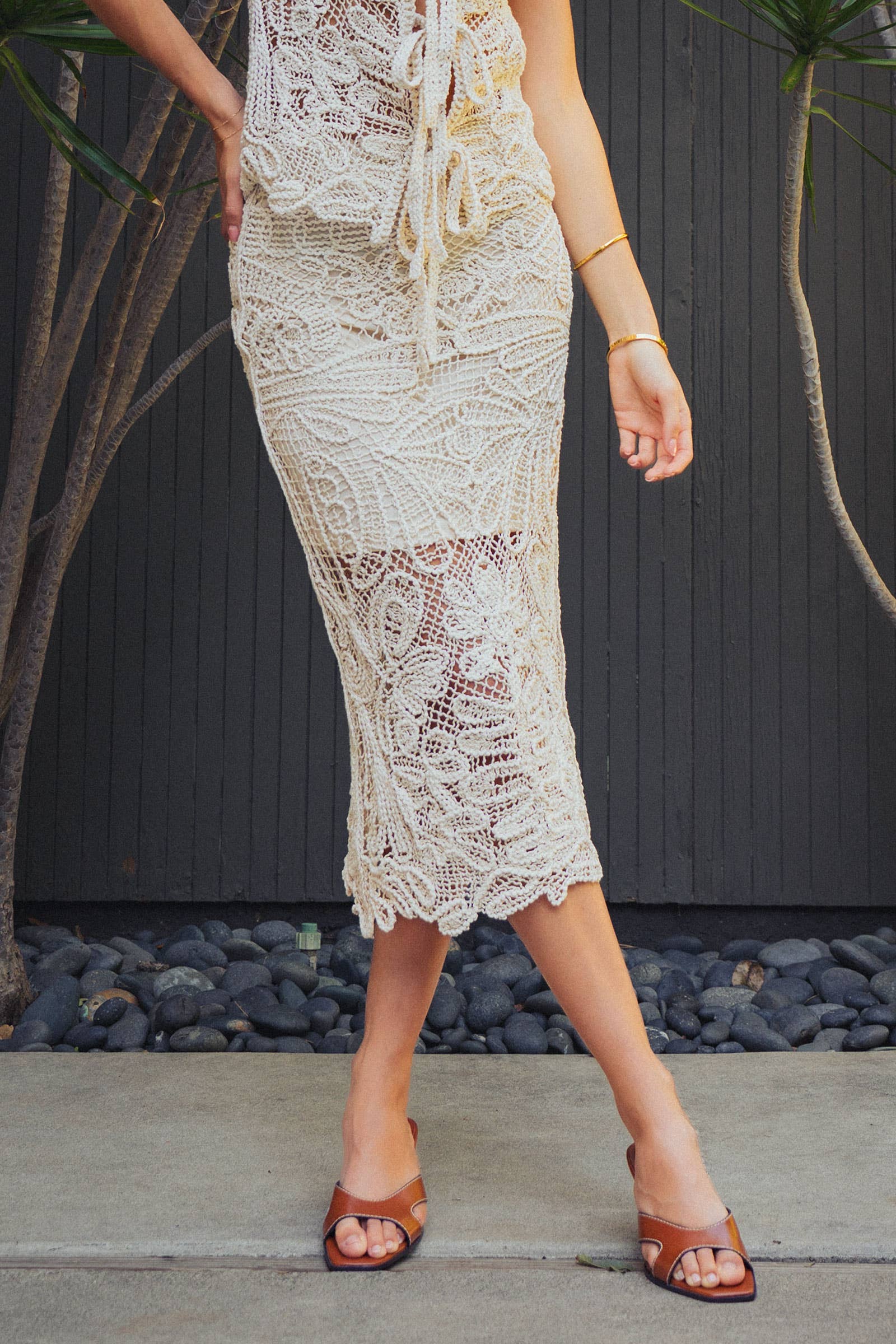 Open-Work Crochet Midi Skirt With Partial Lining