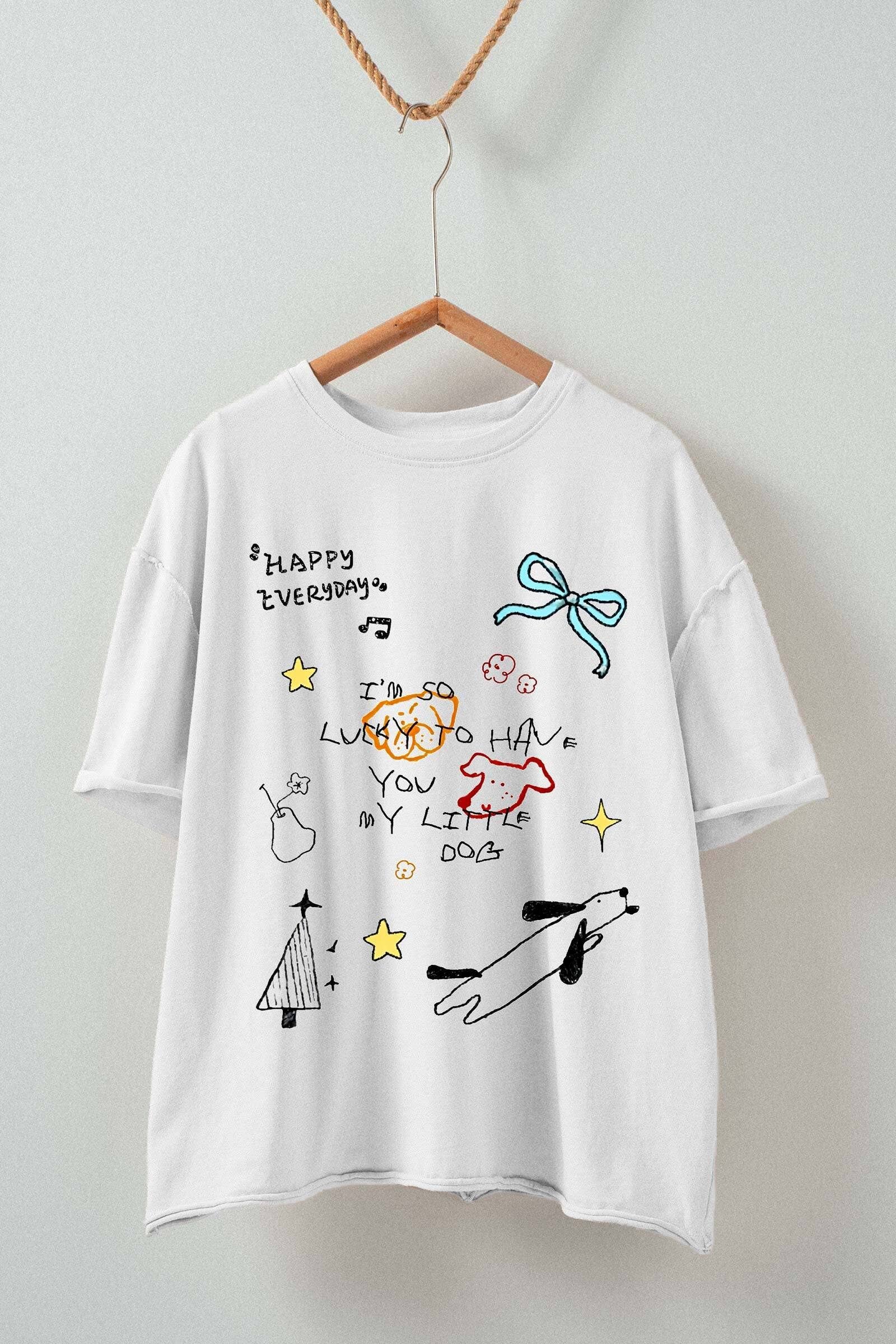 Urban Daizy Whimsical Dog Doodle Graphic T-Shirt White Screen Printed T-Shirt - Women's (UDZ-PT-00355)