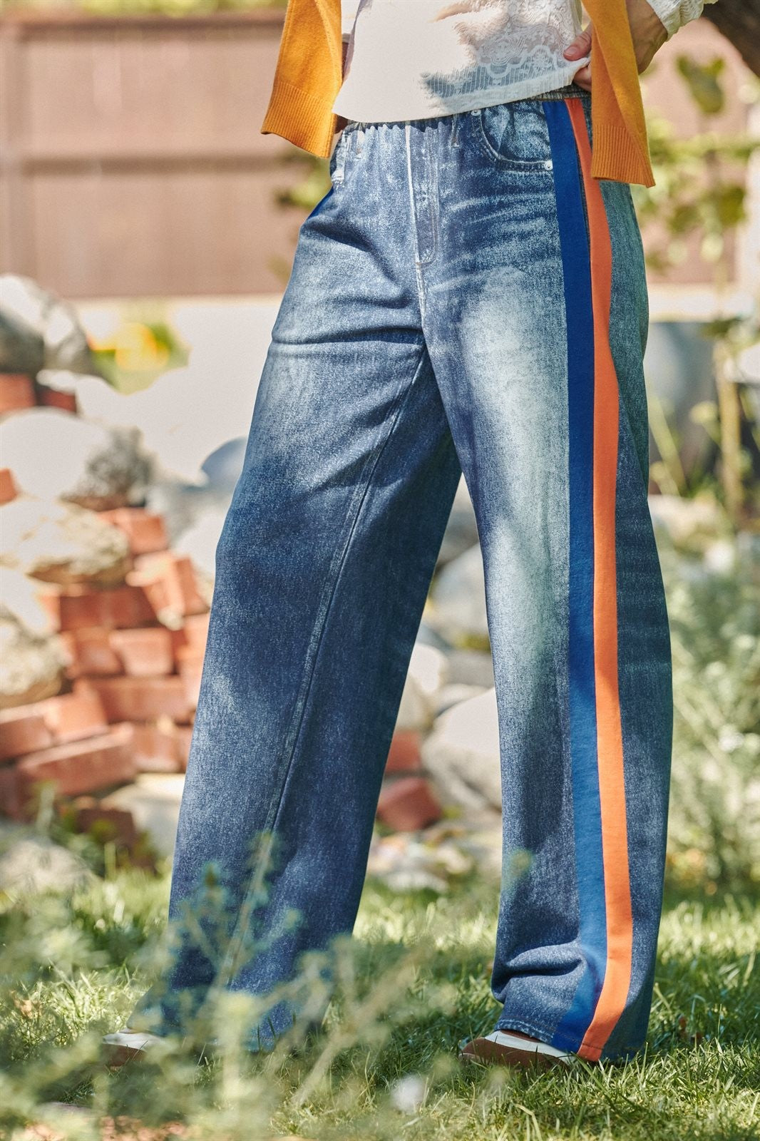 Wide Leg Faux Denim Print French Terry Track Pants with Side in ORANGE BLUE - Women's Casual Pants | Urban Daizy