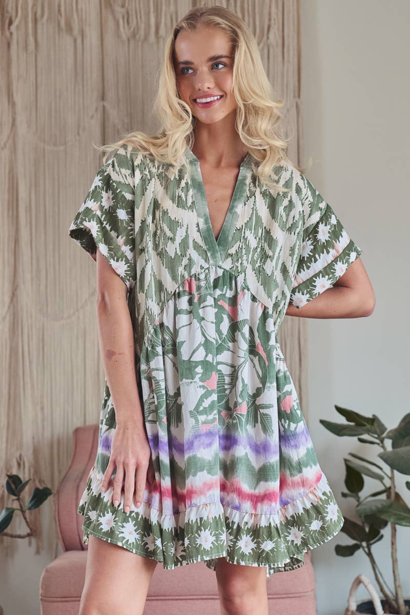 Urban Daizy Boho Mixed Print V-Neck Mini Dress Green-Multi Dress - Women's (UDZ-DR-00479)